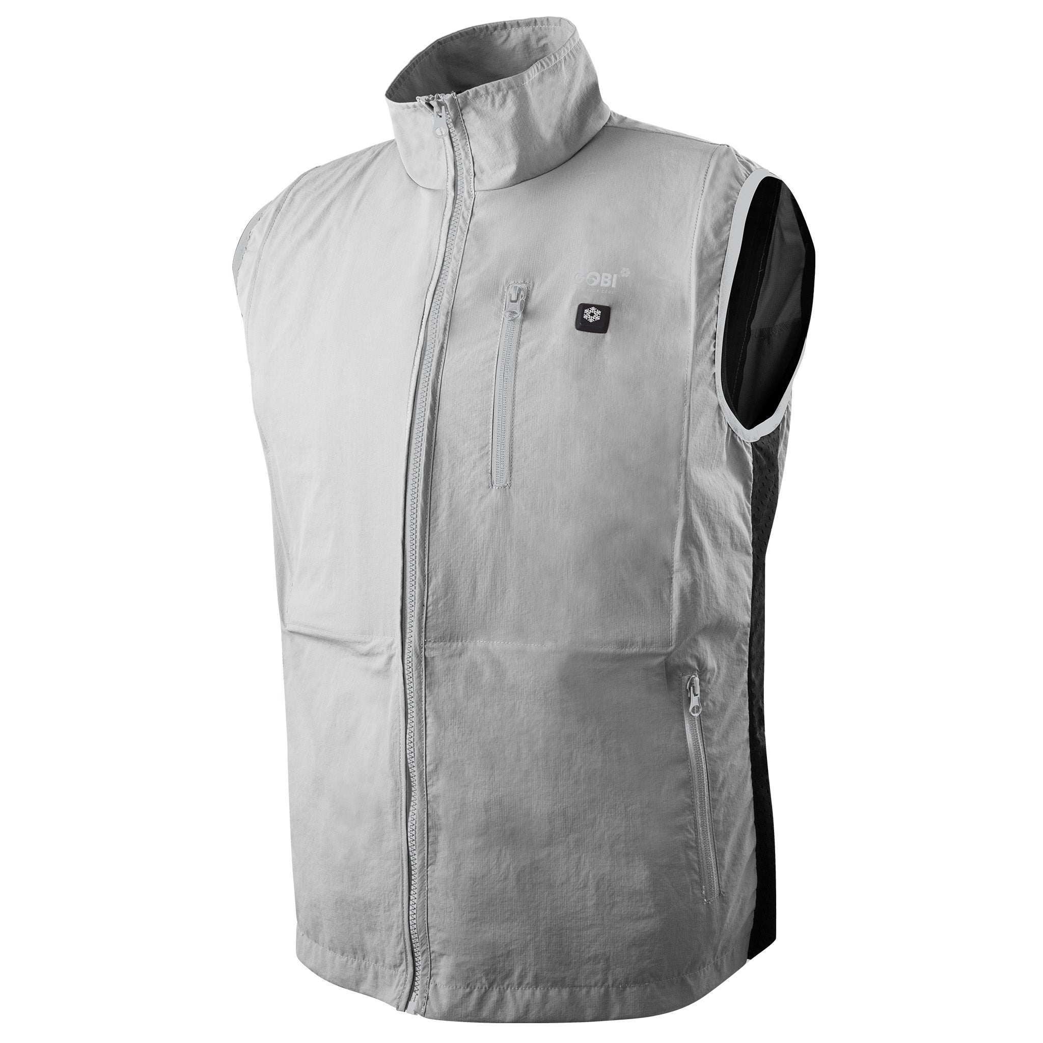 Gray vest with a brand logo on a white background