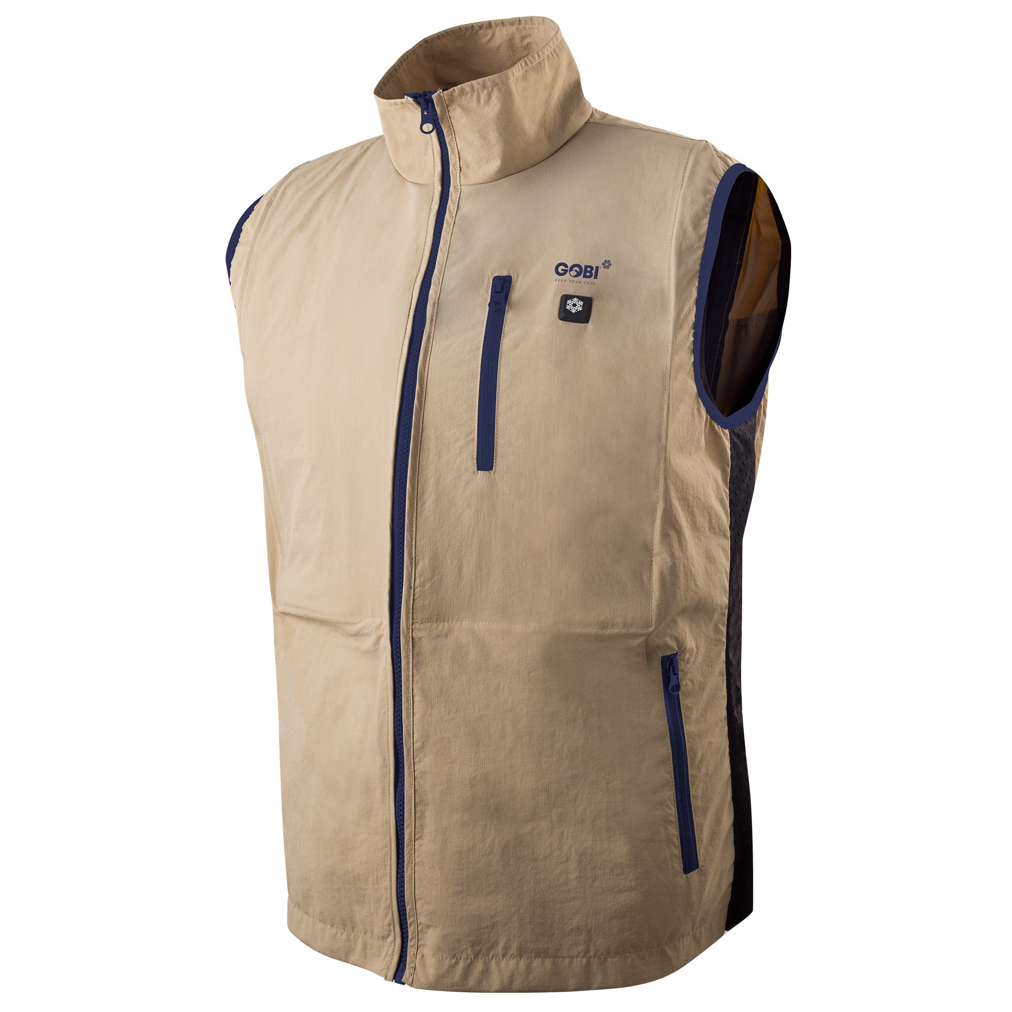 Beige vest with blue accents on a white background