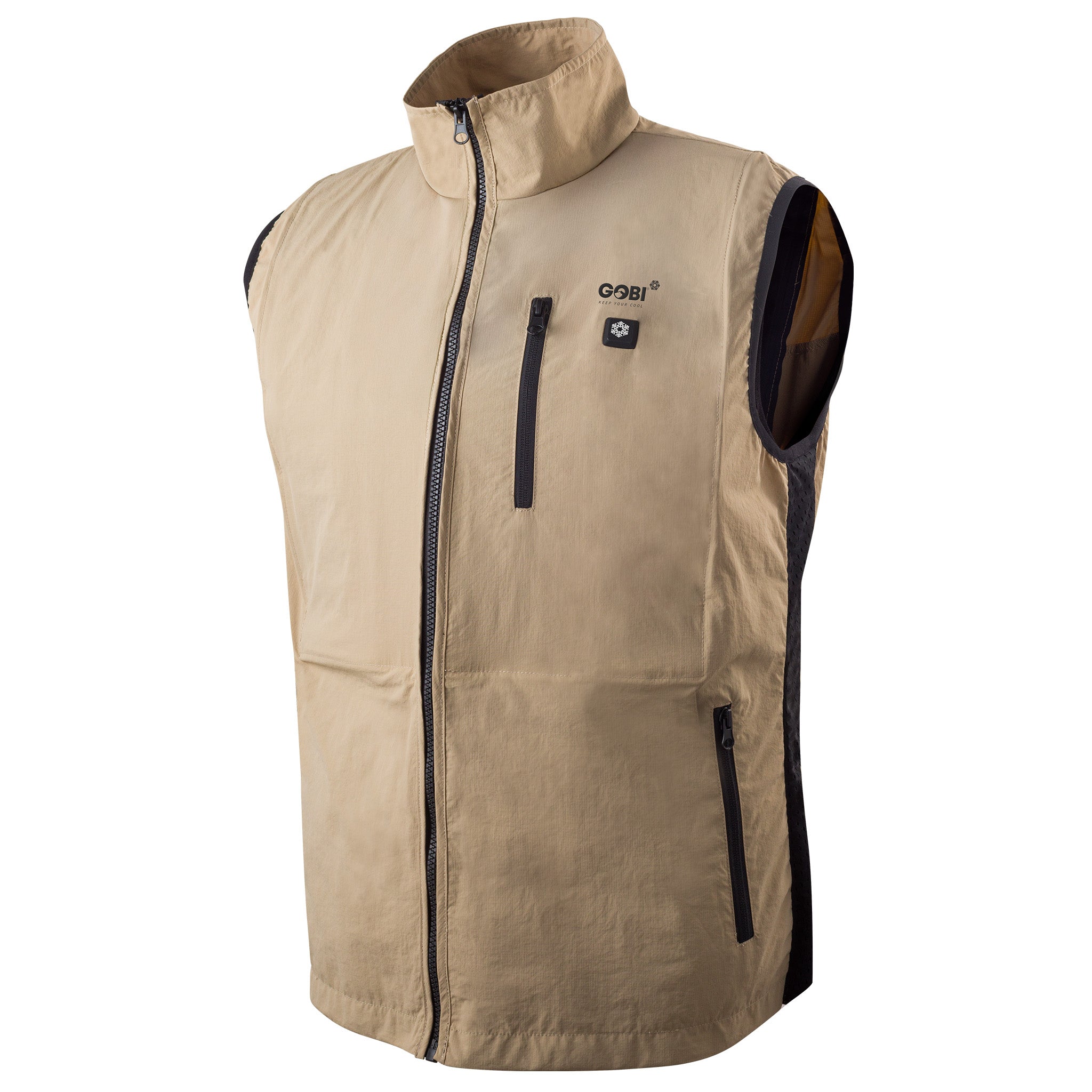 Beige vest with black accents on a white background