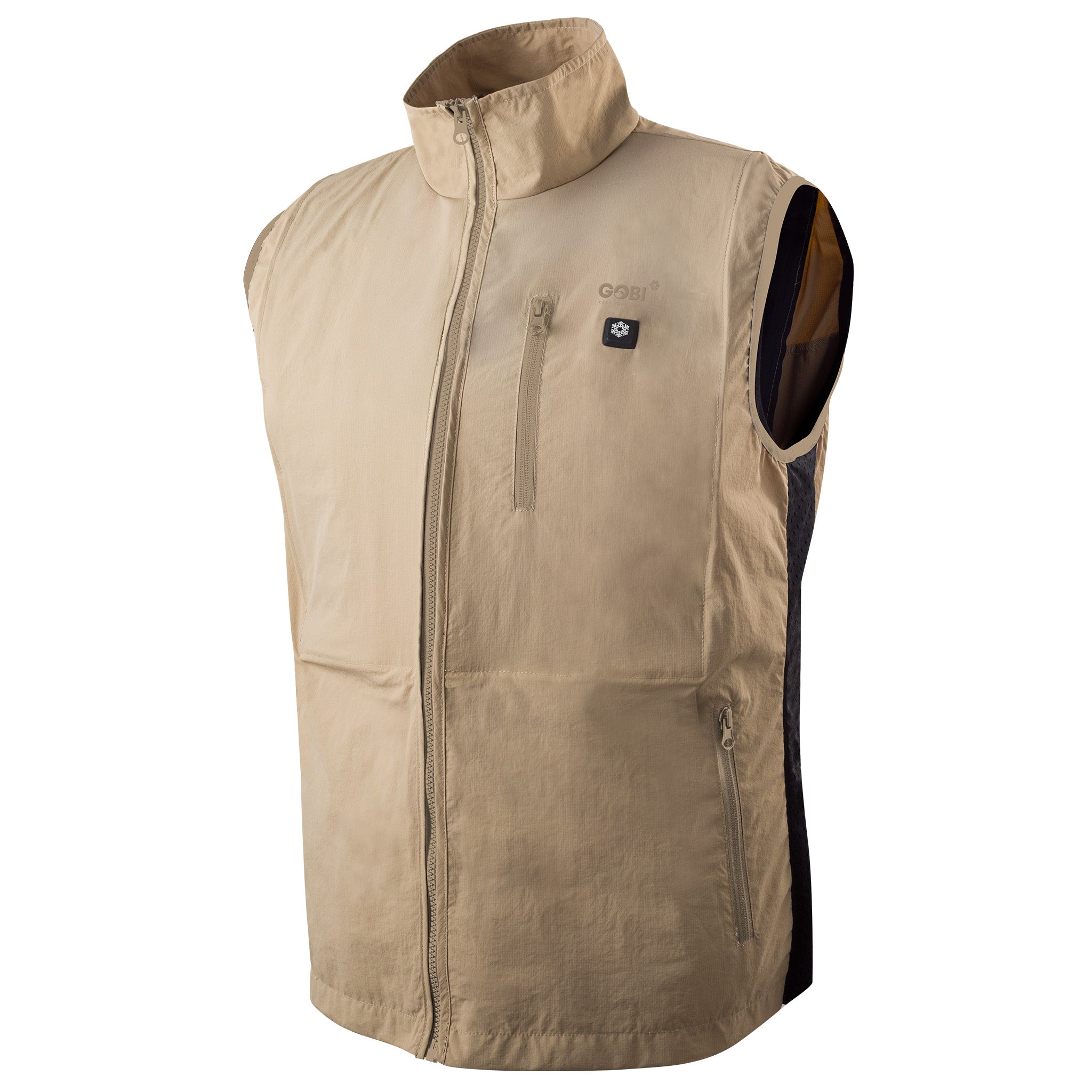 Beige vest with a brand logo on a white background