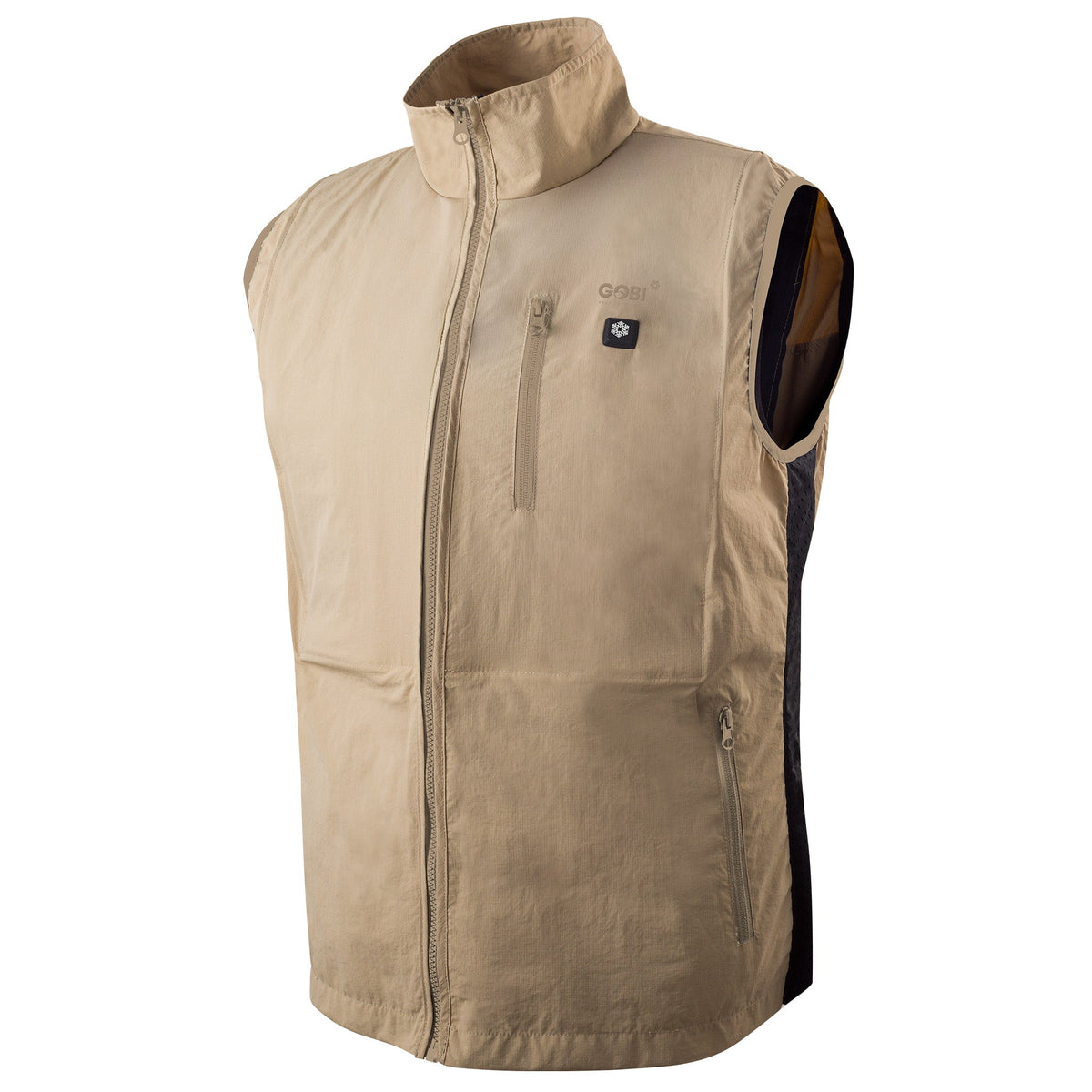 Beige vest with a brand logo on a white background