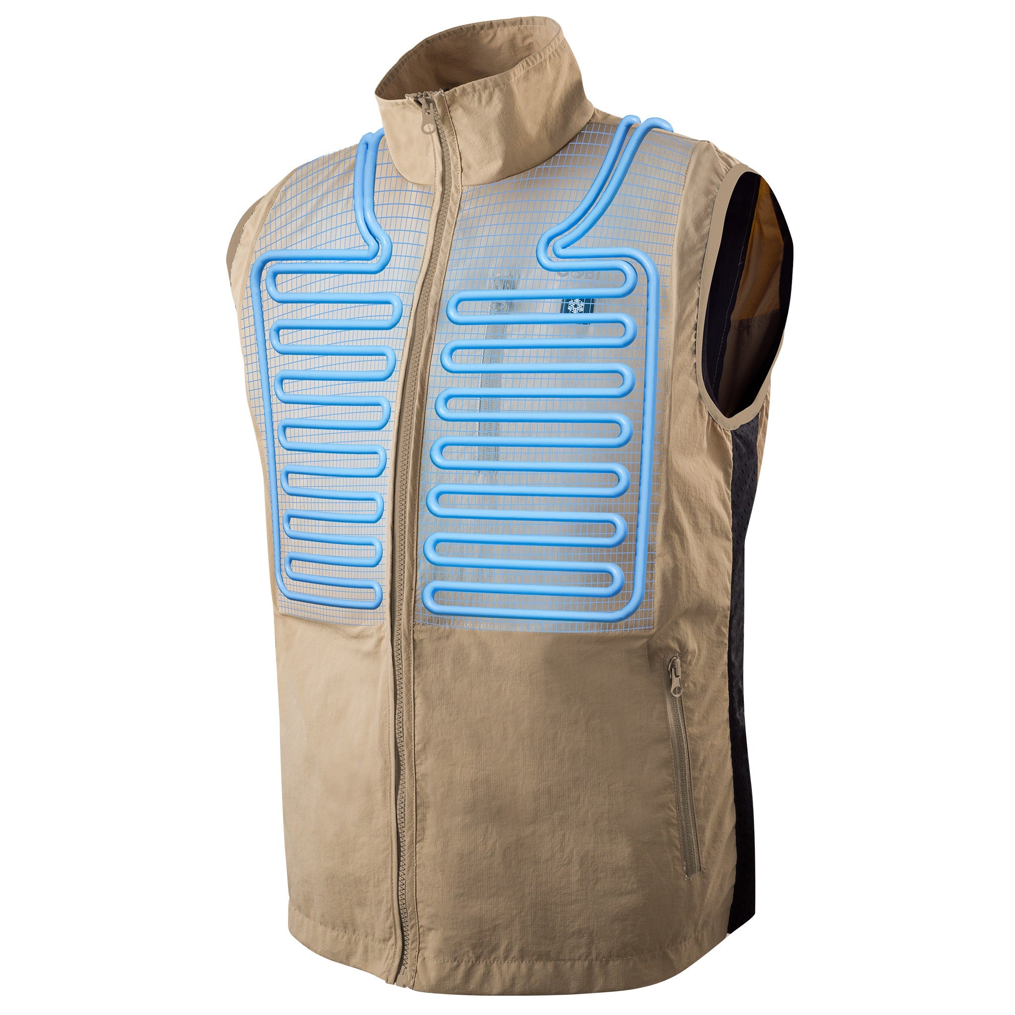 Beige heated vest with blue heating elements on a white background