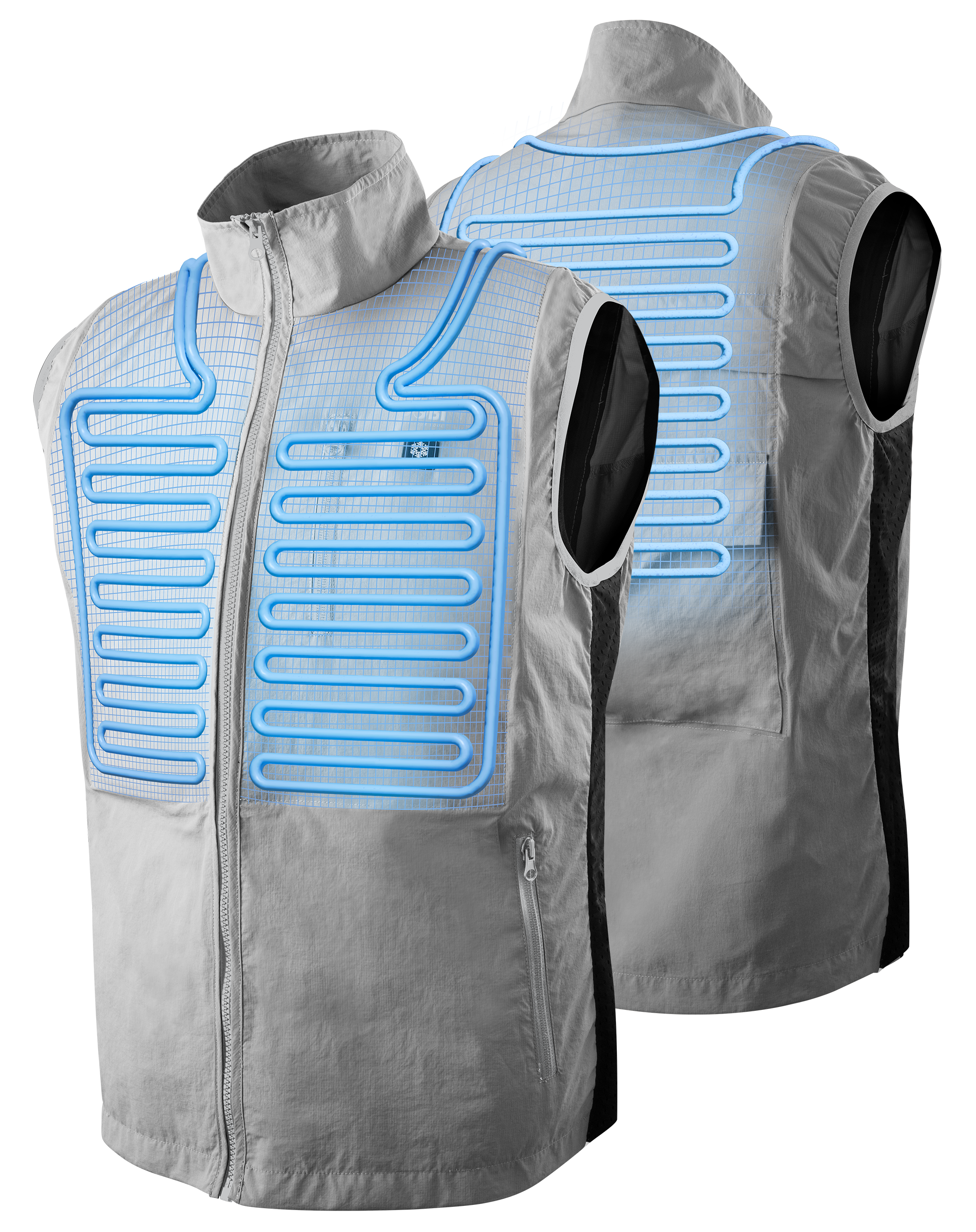 Gray heated vest with blue heating elements on a white background
