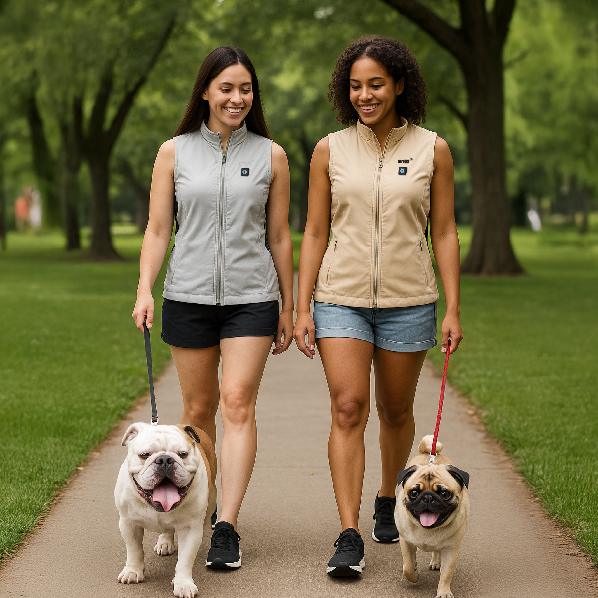 Two women walking dogs on a path in a park