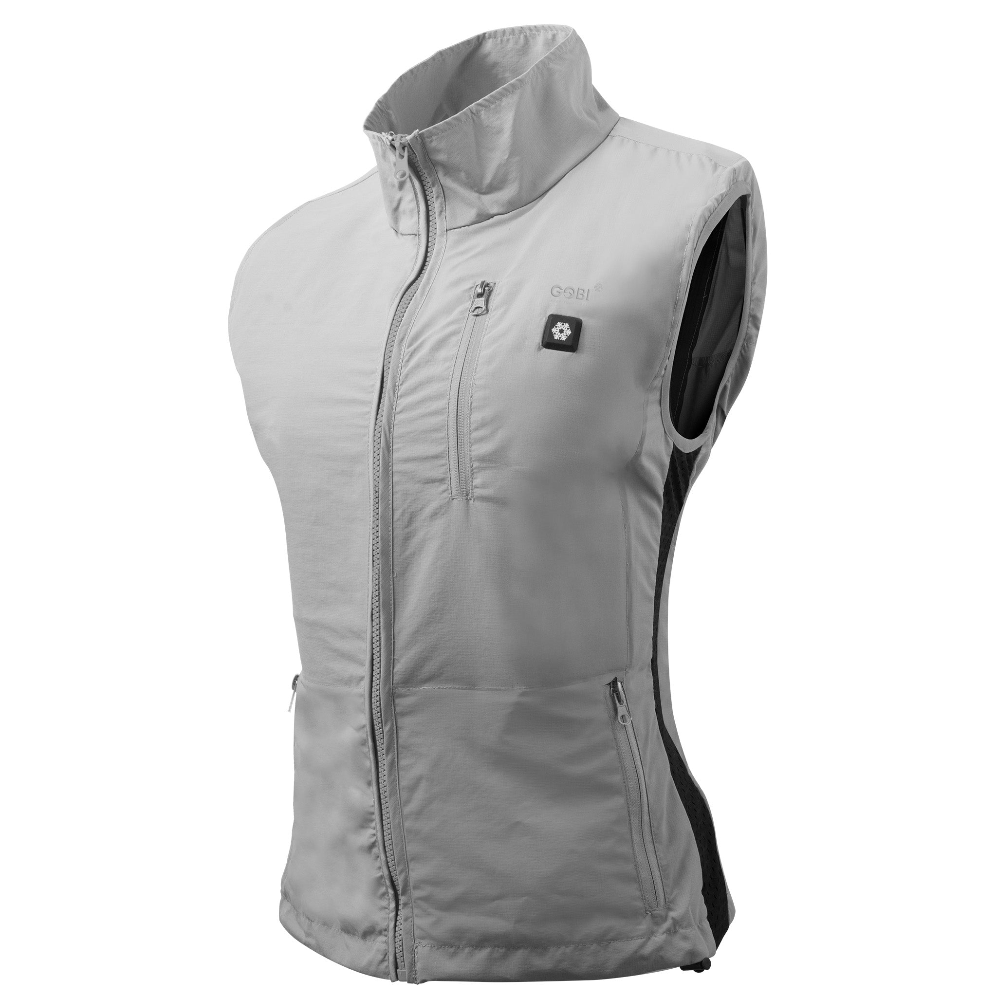 Gray vest with a brand logo on a white background