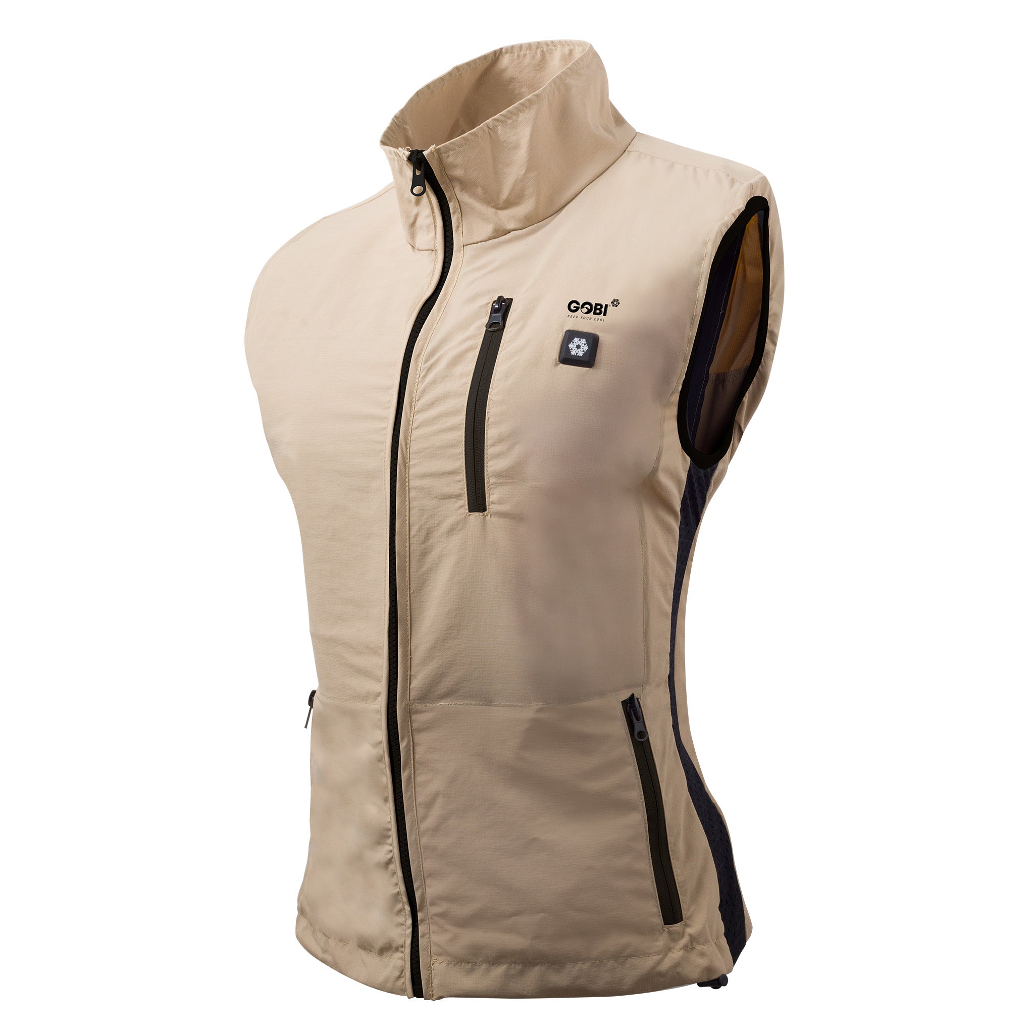 Beige vest with black zipper and accents on a white background