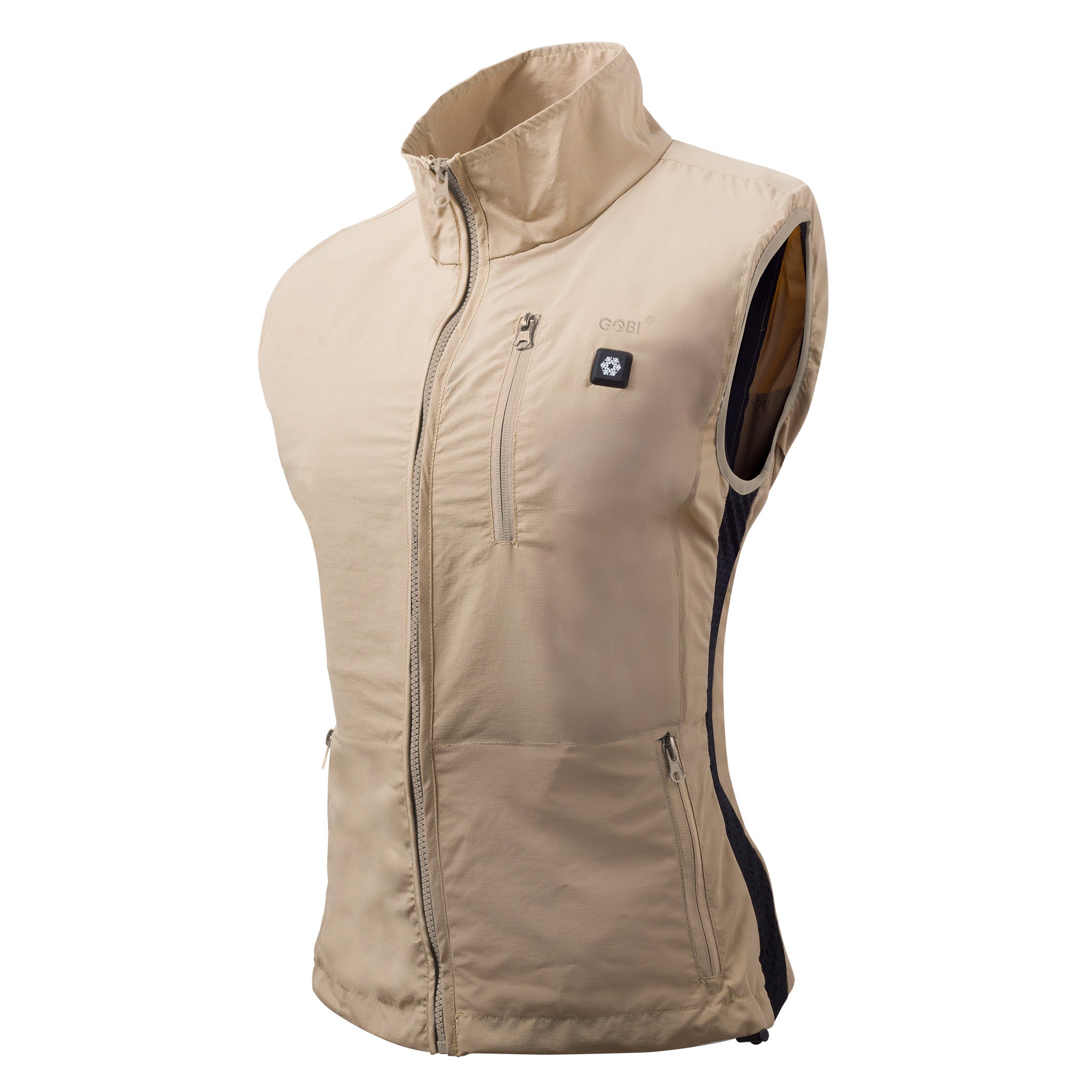 Beige vest with a brand logo on a white background