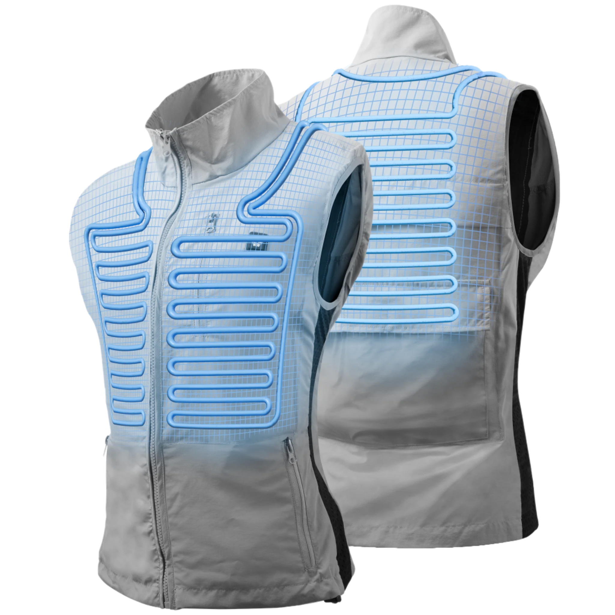Gray vest with blue grid pattern on a white background