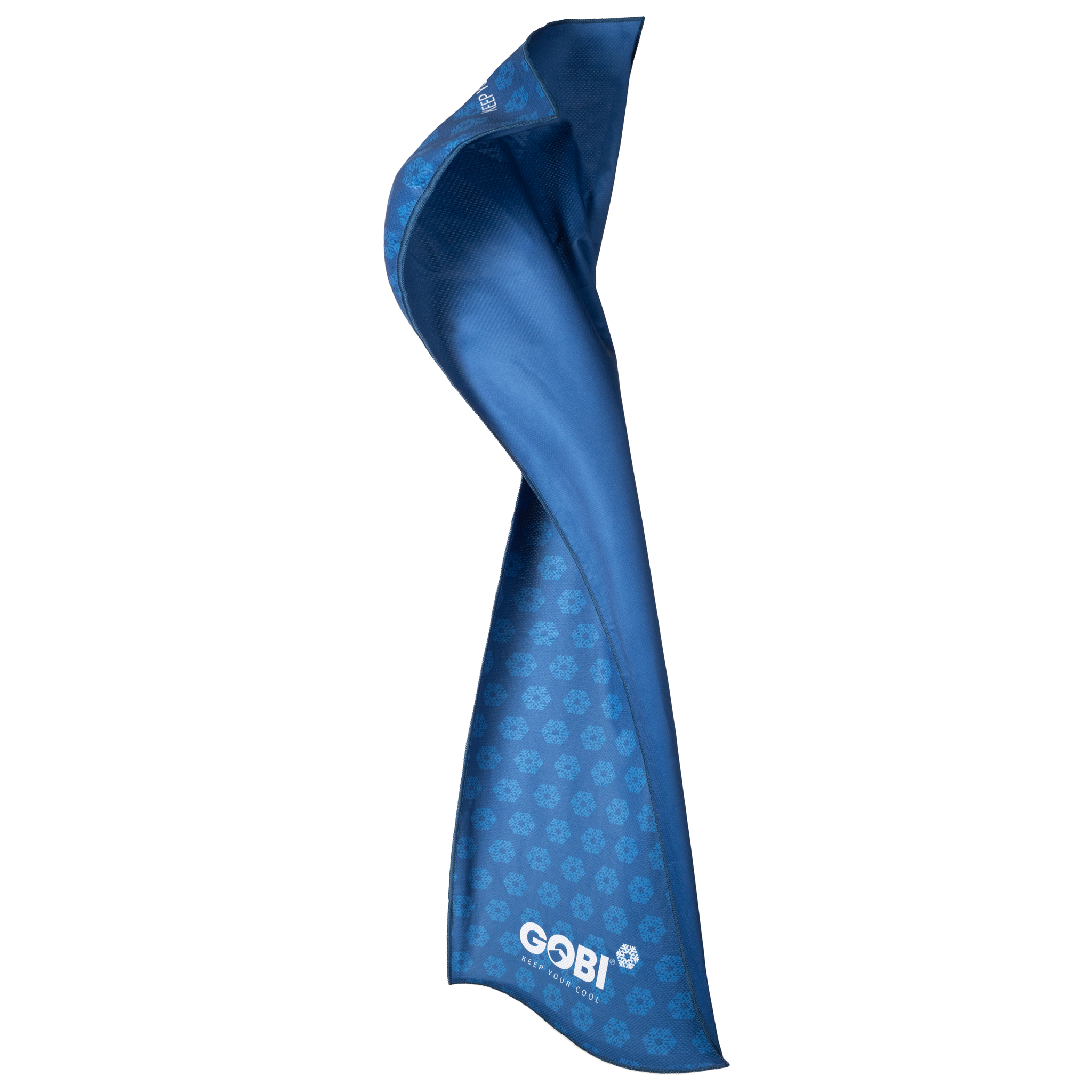 Blue towel with a pattern and 'Gobi' branding on a white background