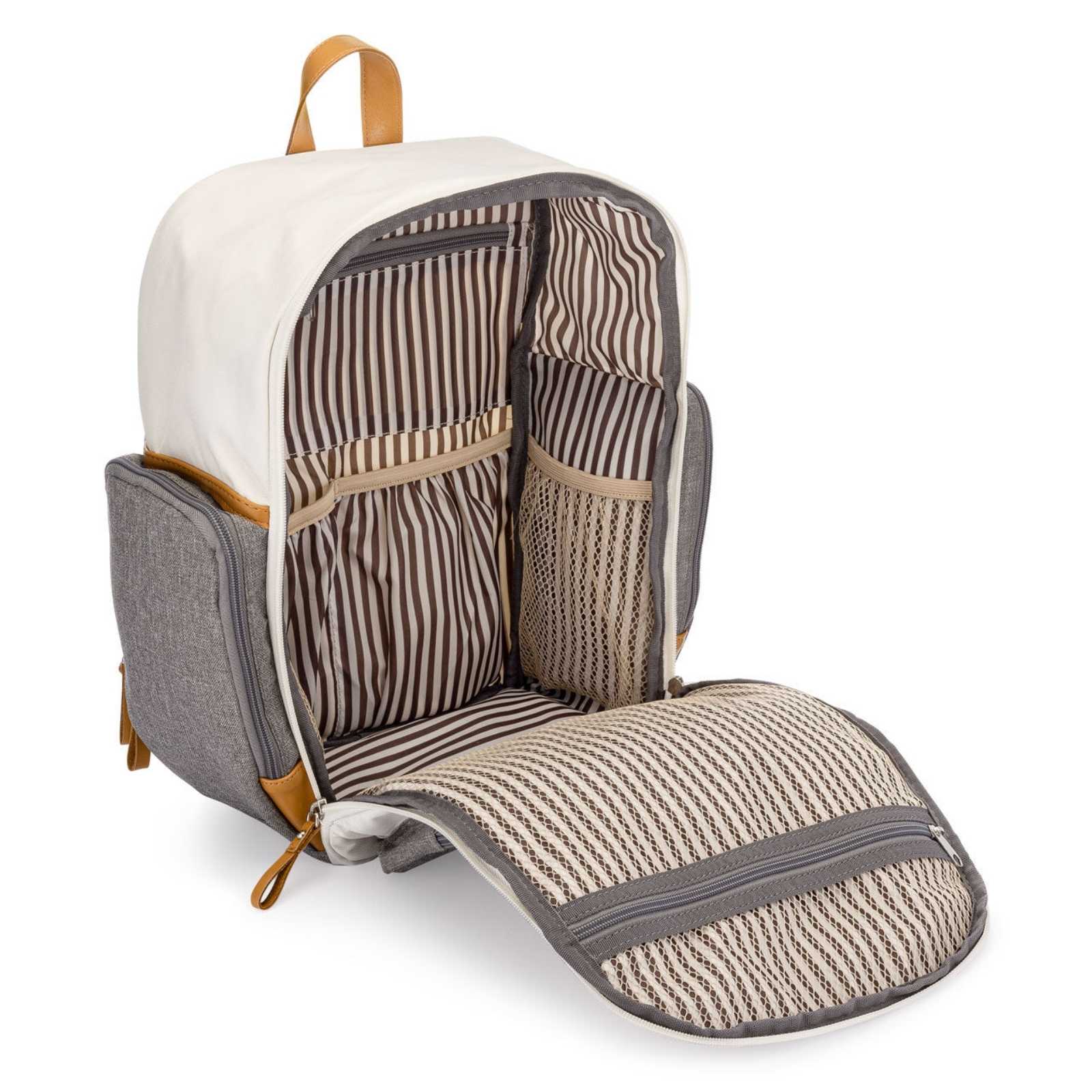 Backpack with striped seat pad on a white background