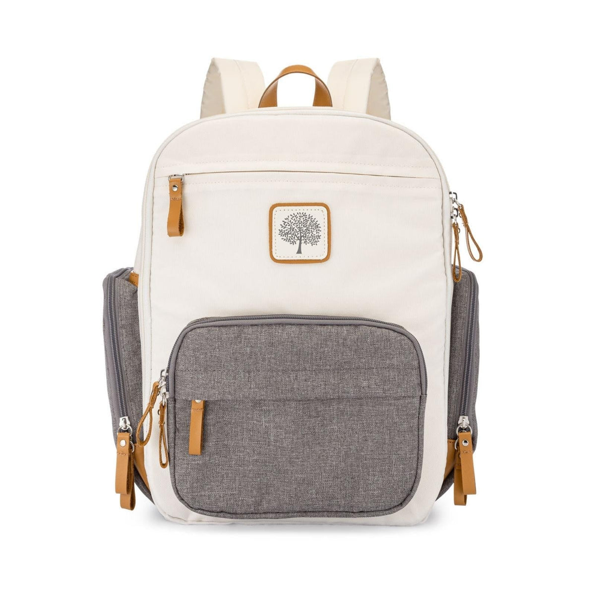 Two-tone backpack with gray front pocket and white back, featuring a brand logo on a white background.
