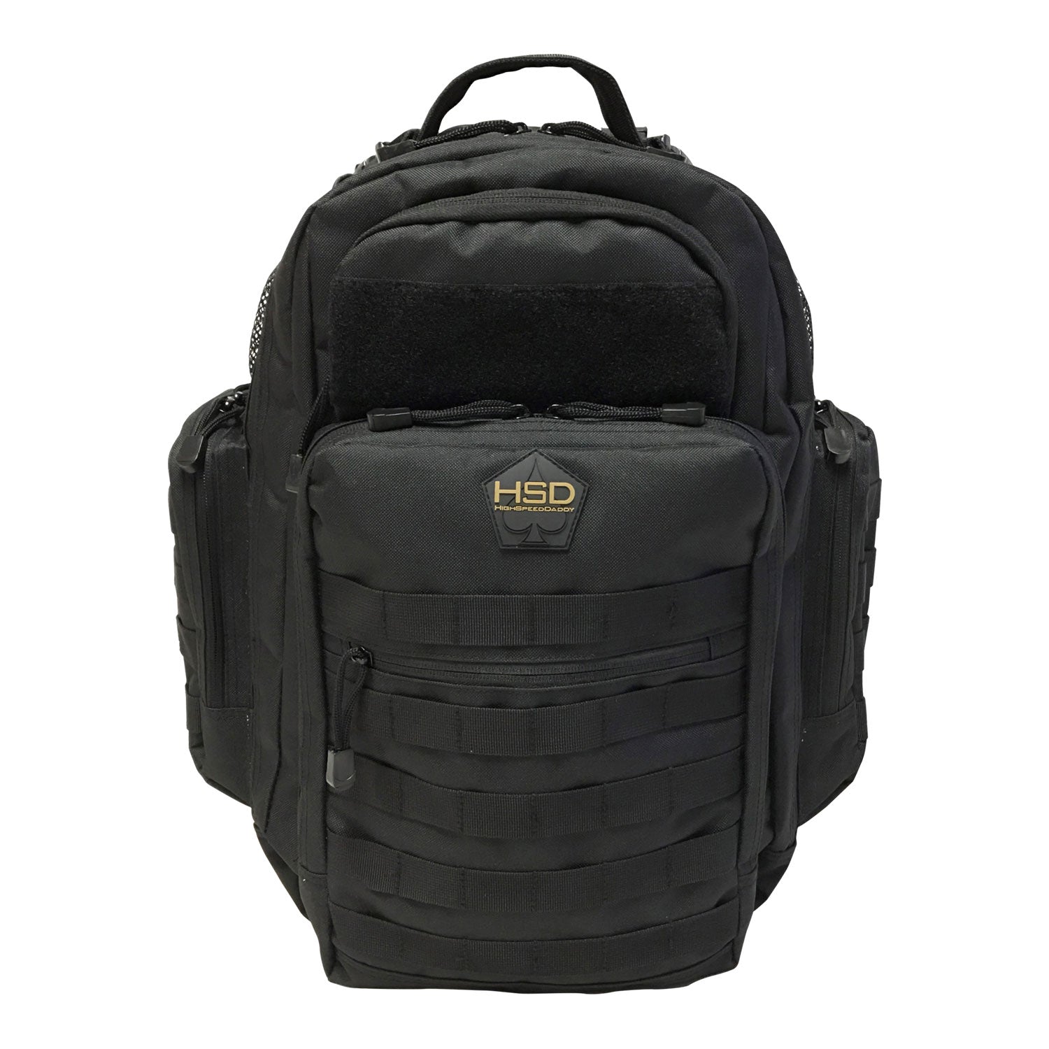 Black tactical backpack with visible branding on a white background