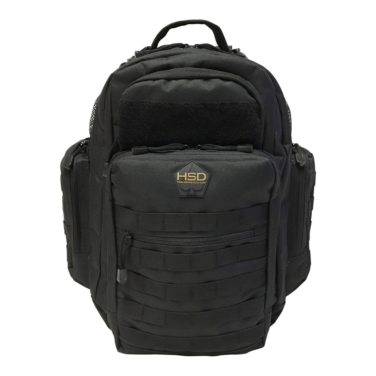 Black tactical backpack with visible branding on a white background