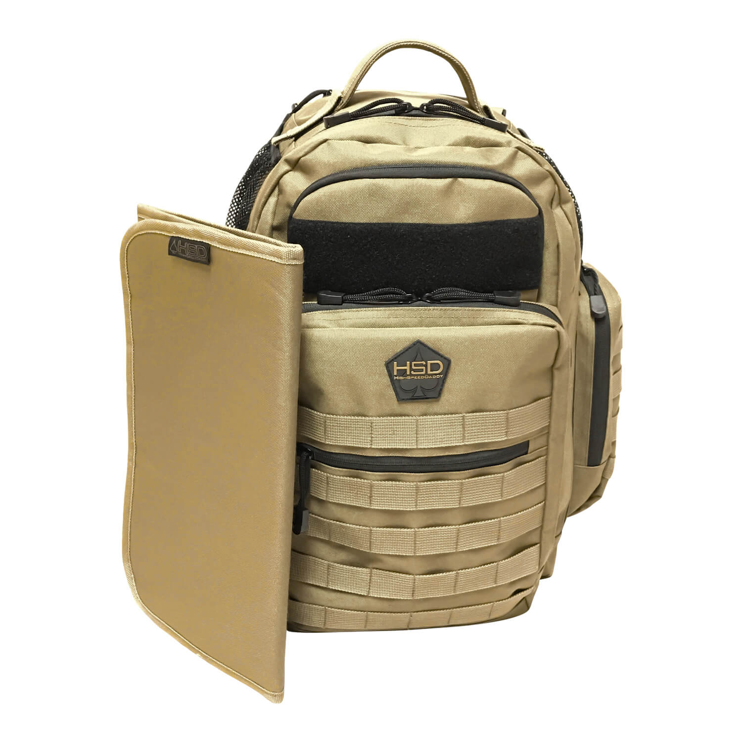 Tan tactical backpack with open side pocket on a white background