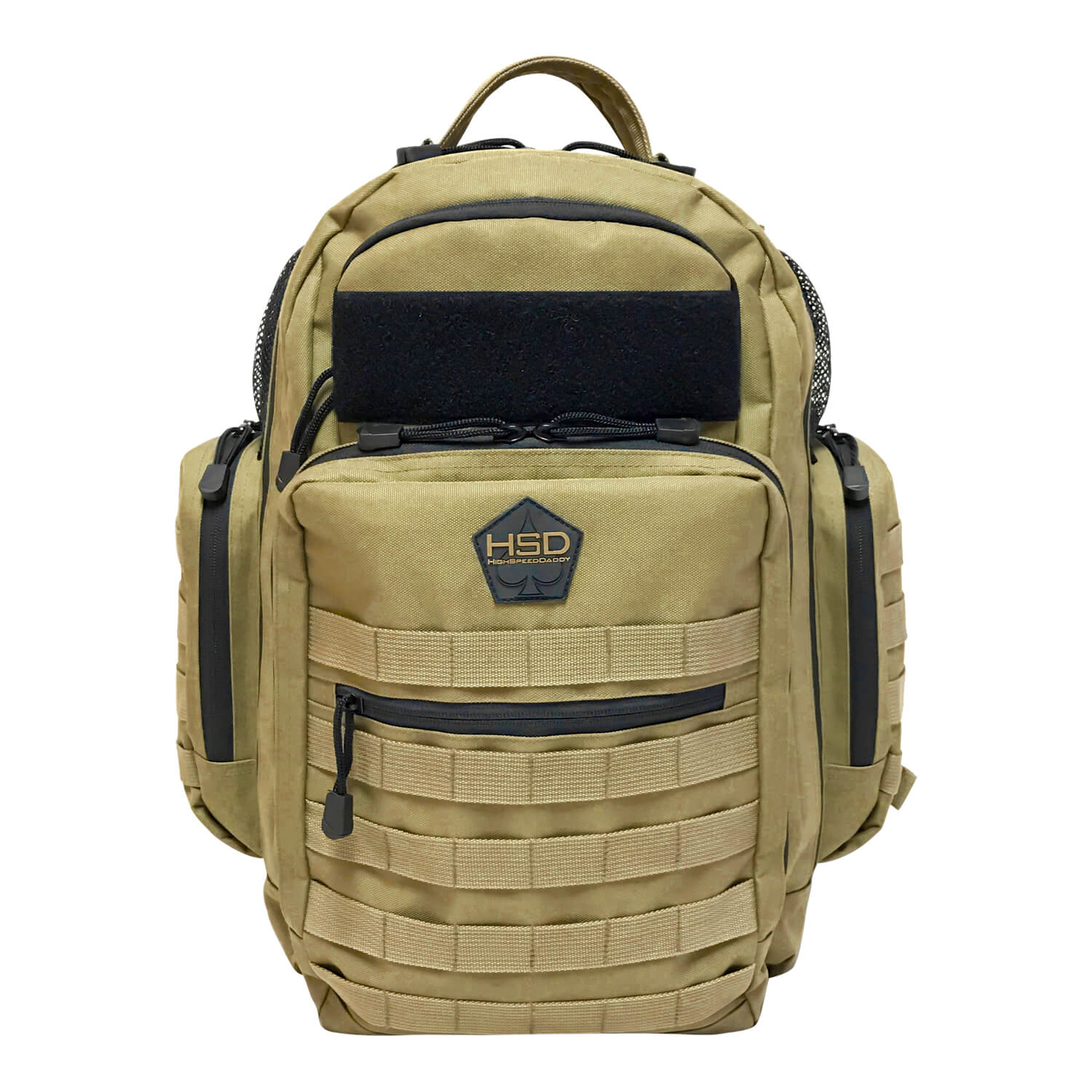 Tan backpack with black accents on a white background