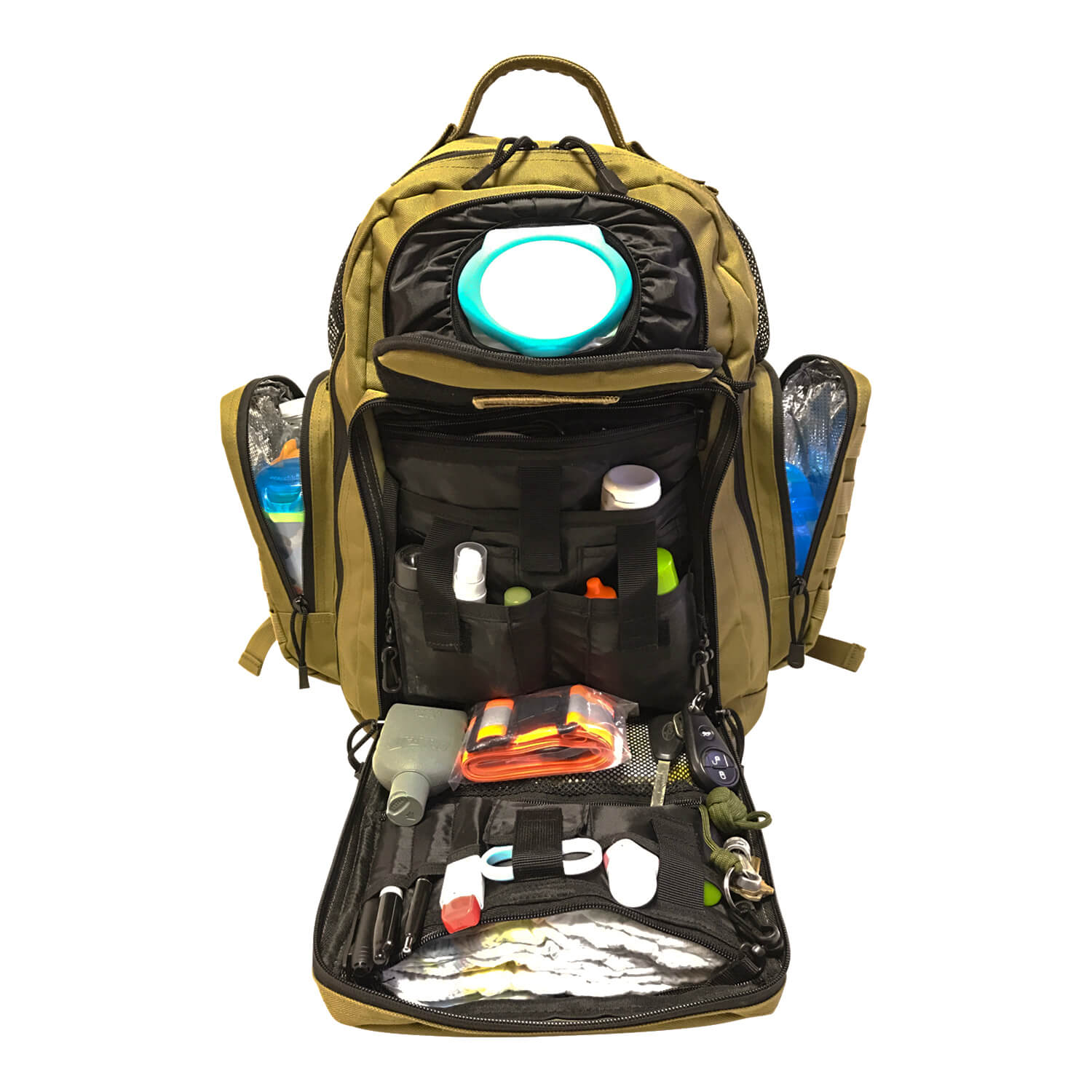 Open backpack with various items on a white background