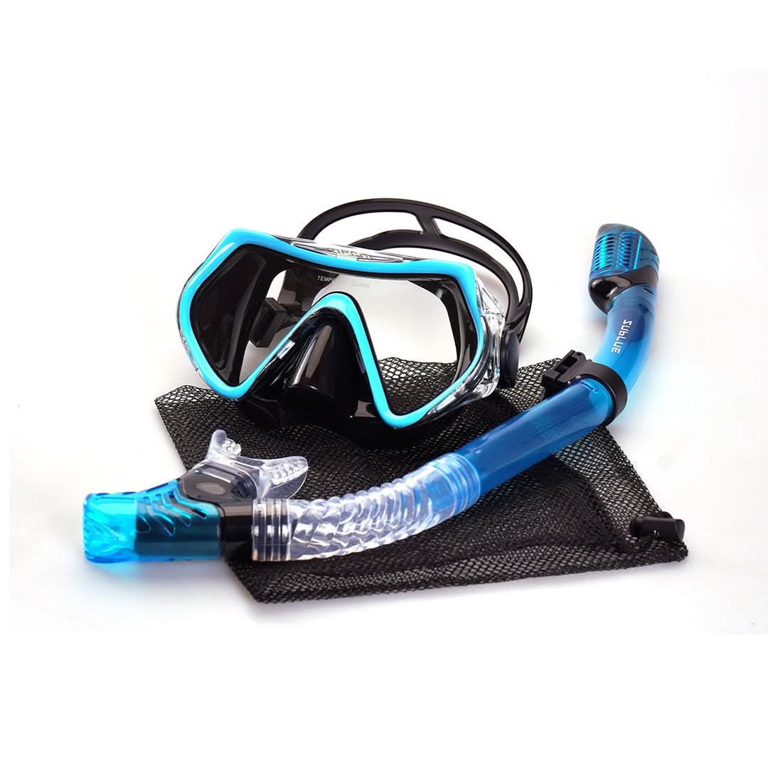 Blue diving mask and snorkel set on a white background