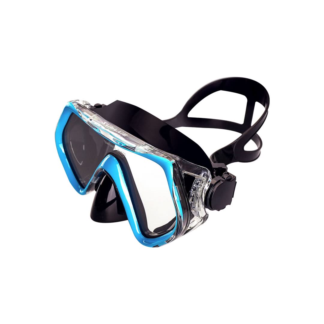 Black and blue diving mask on a white background