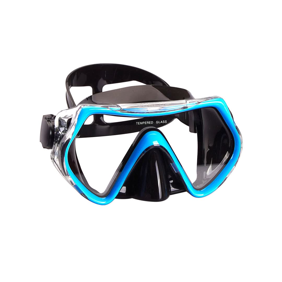 Black and blue diving mask on a white background