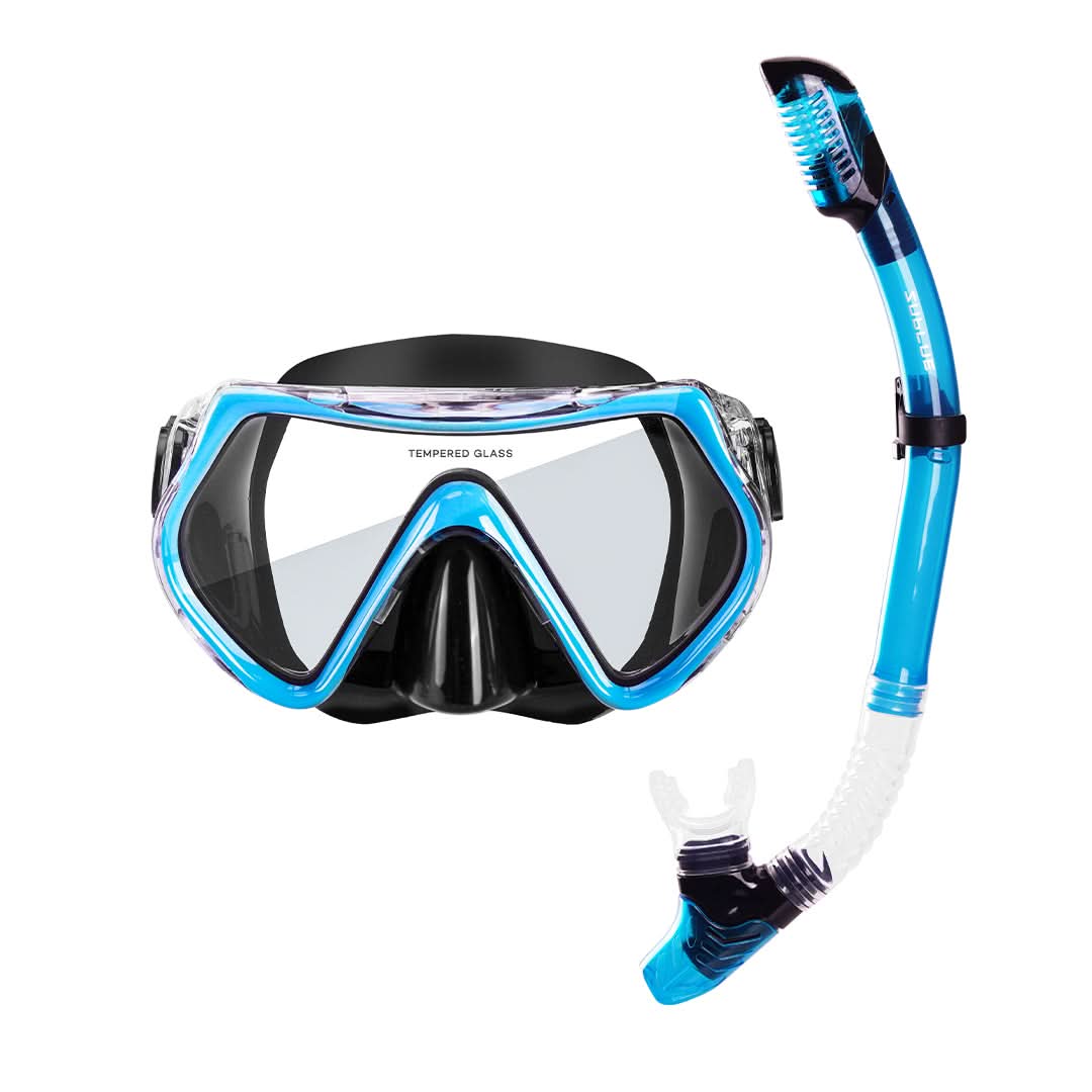 Diving mask and snorkel set with blue and black design on a white background