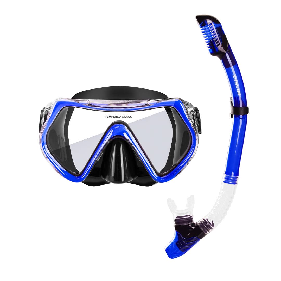 Diving mask and snorkel set with blue accents on a white background