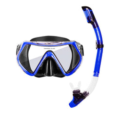 Diving mask and snorkel set with blue accents on a white background