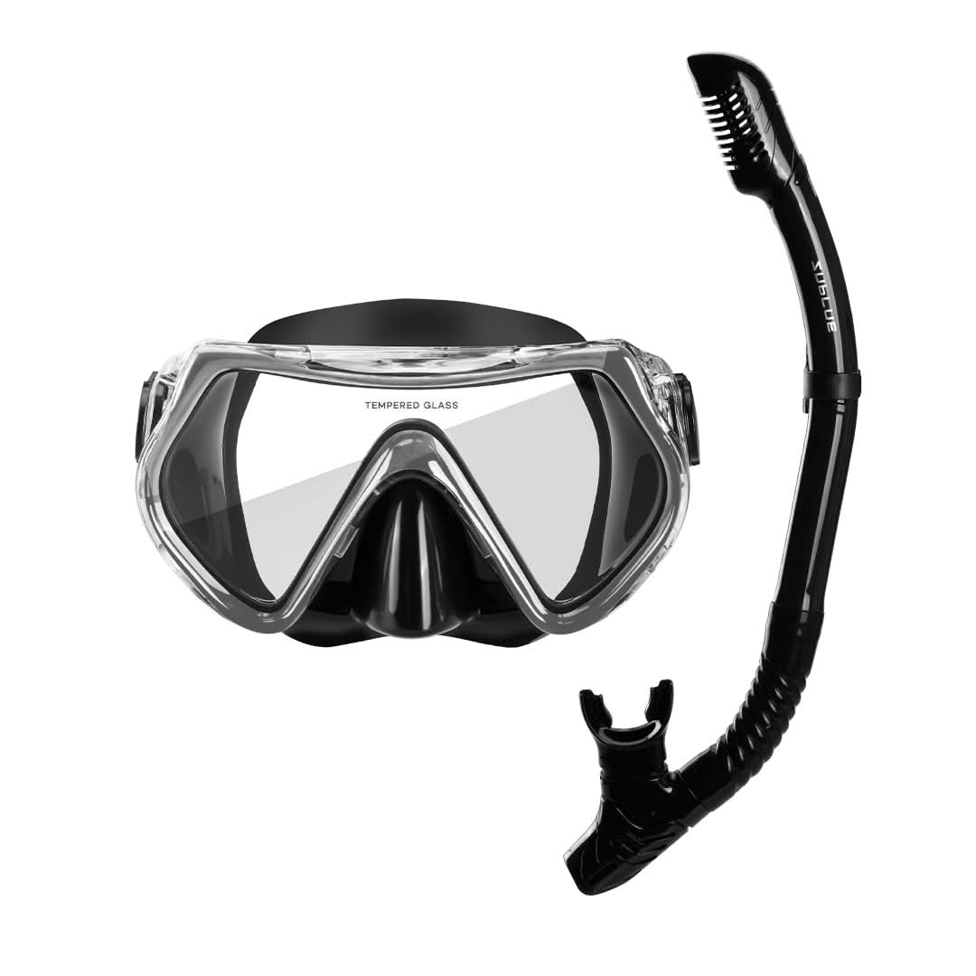 Diving mask and snorkel set on a white background