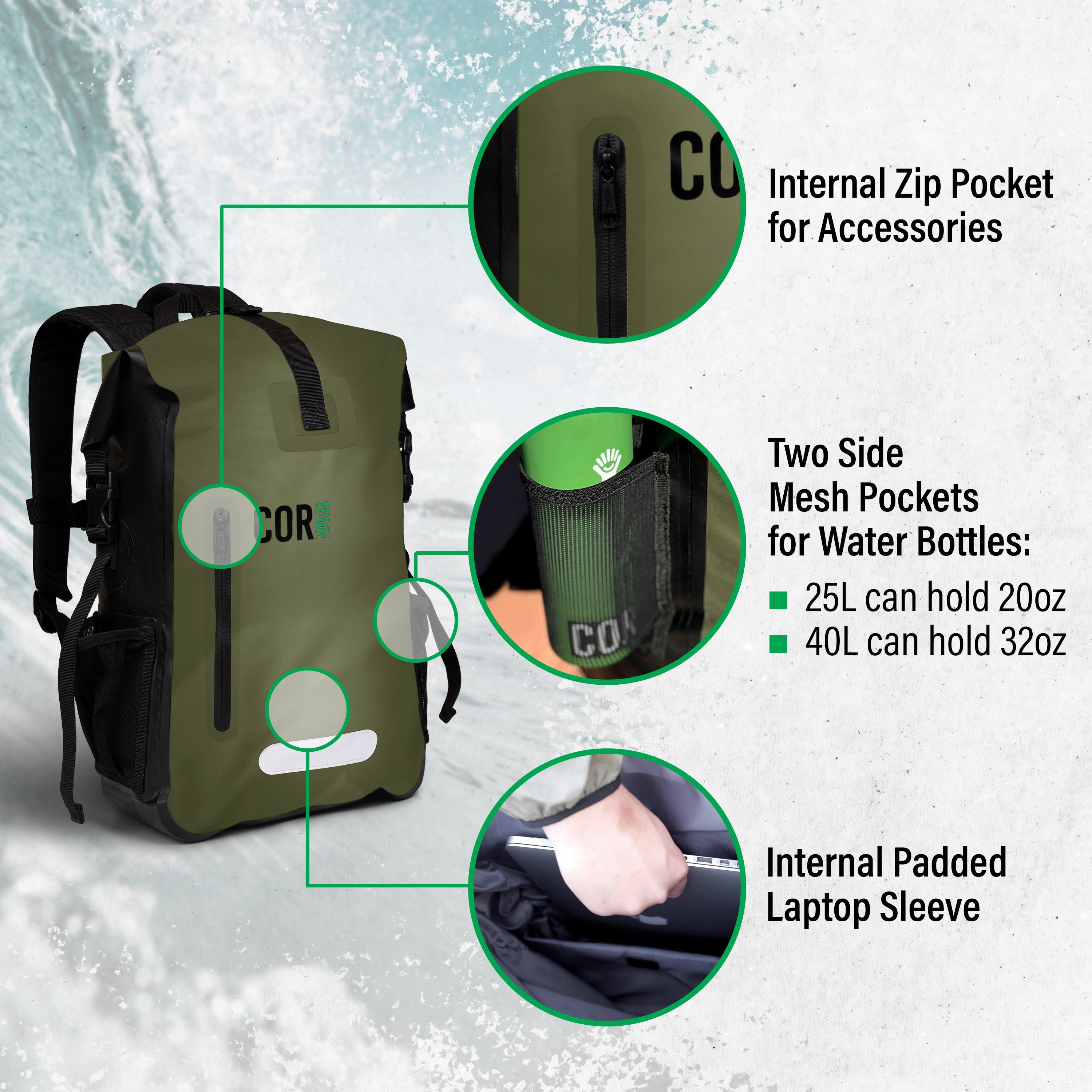 Green backpack with features highlighted on a snowy background