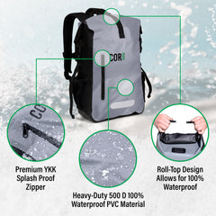 Gray backpack with features highlighted on a snowy background