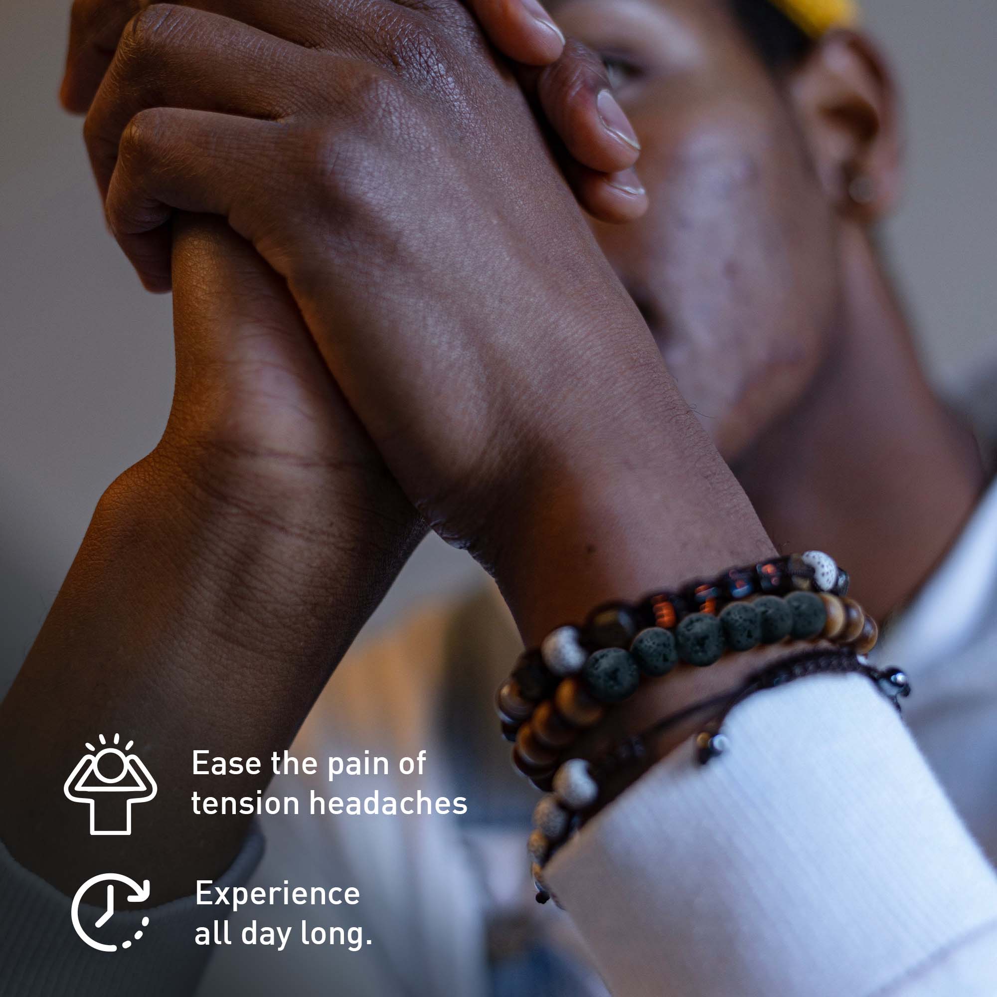 Person holding hands with text about headache relief and product features.