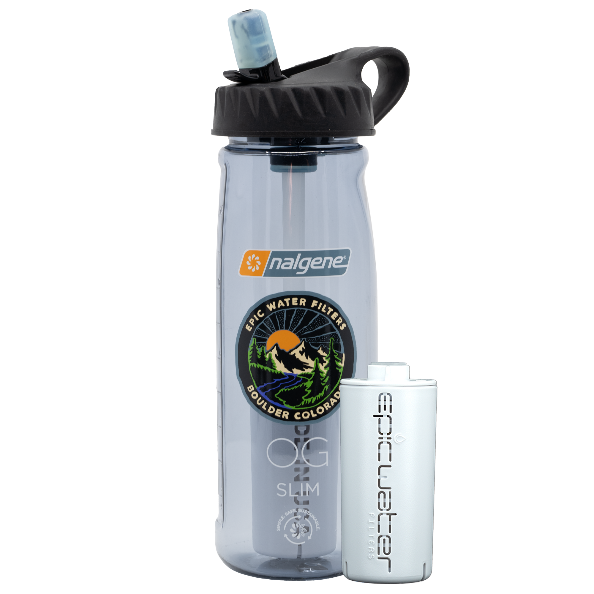 Nalgene water bottle with filter on a white background