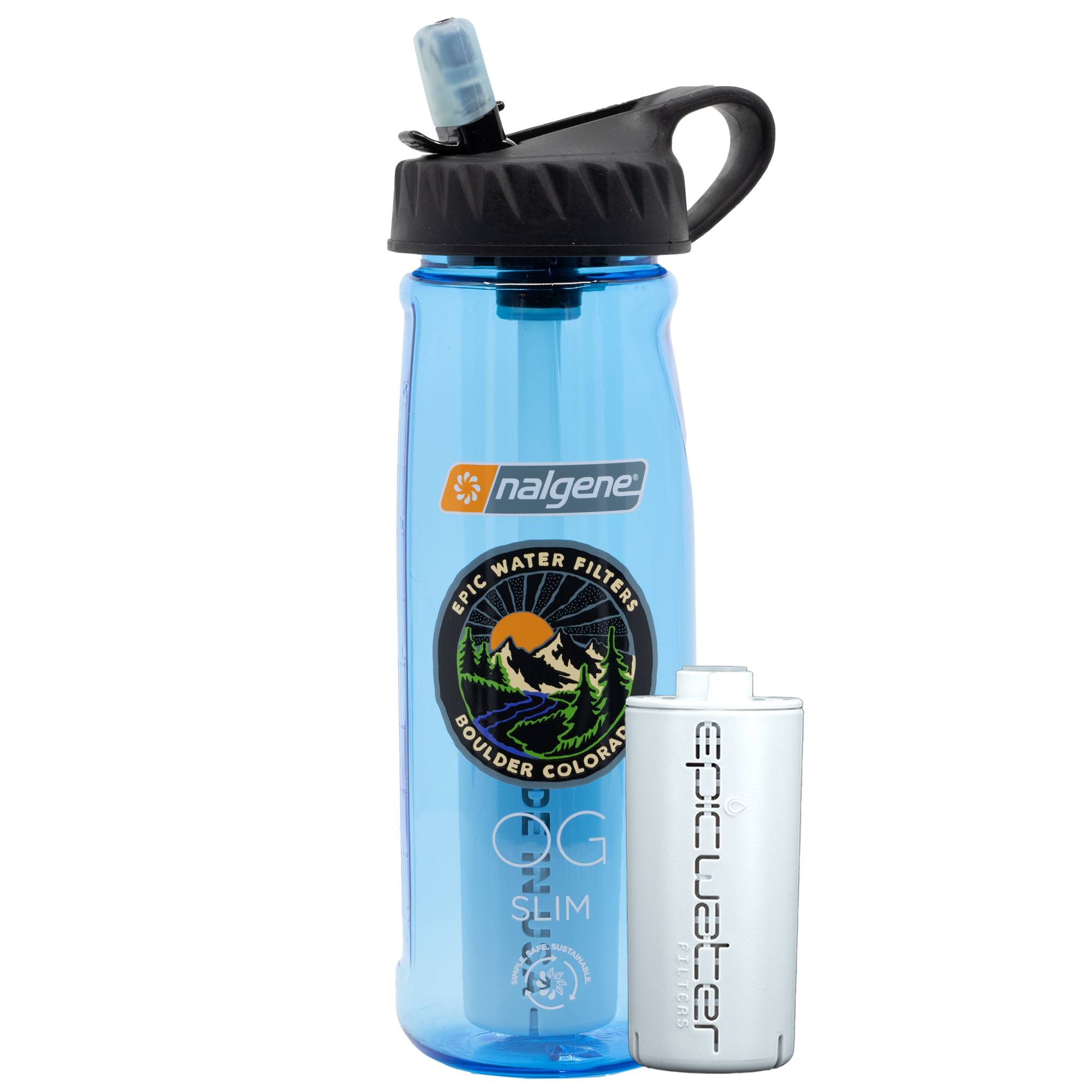 Blue water bottle with black lid and Epic Filter cartridge on a white background