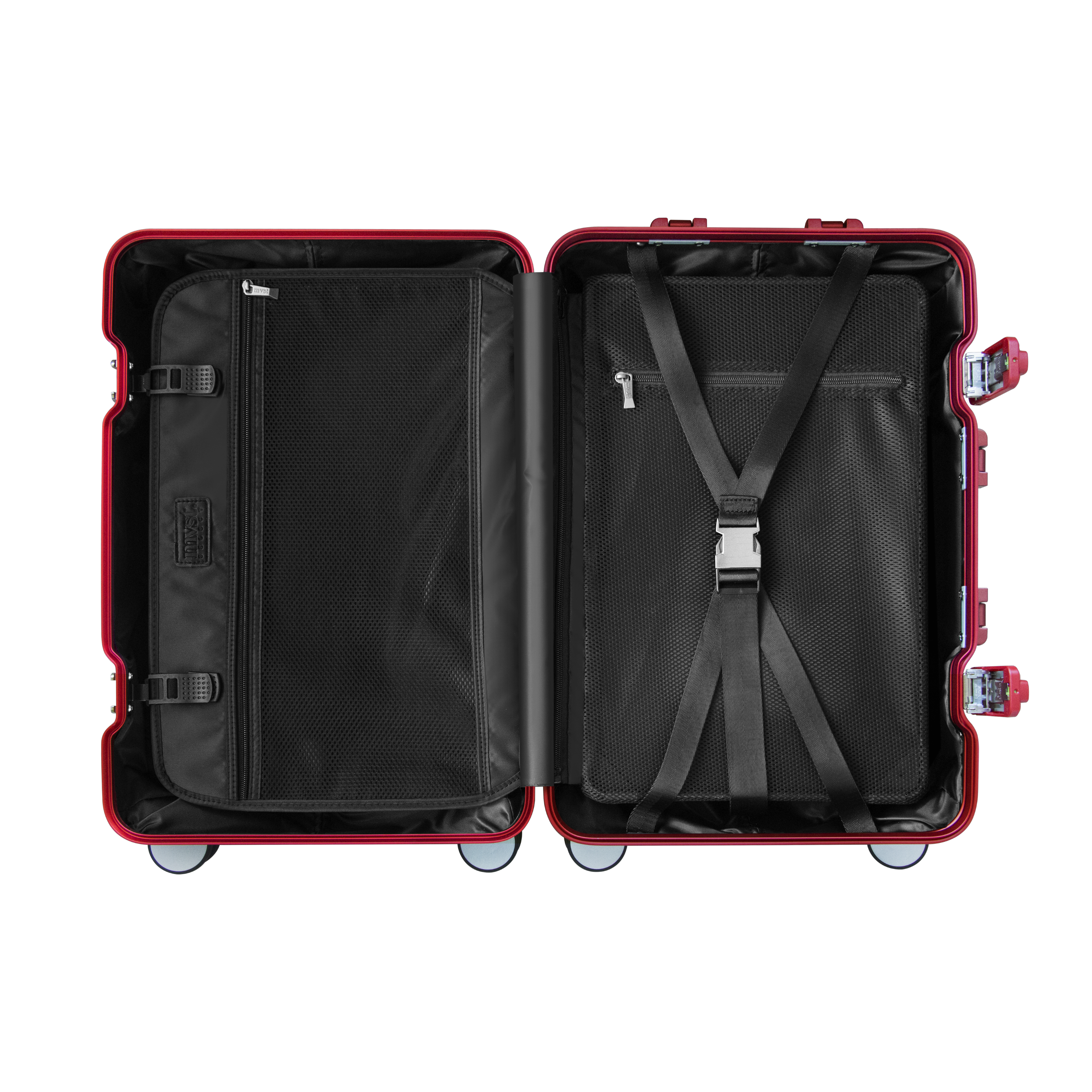 Open red suitcase with black interior on a white background