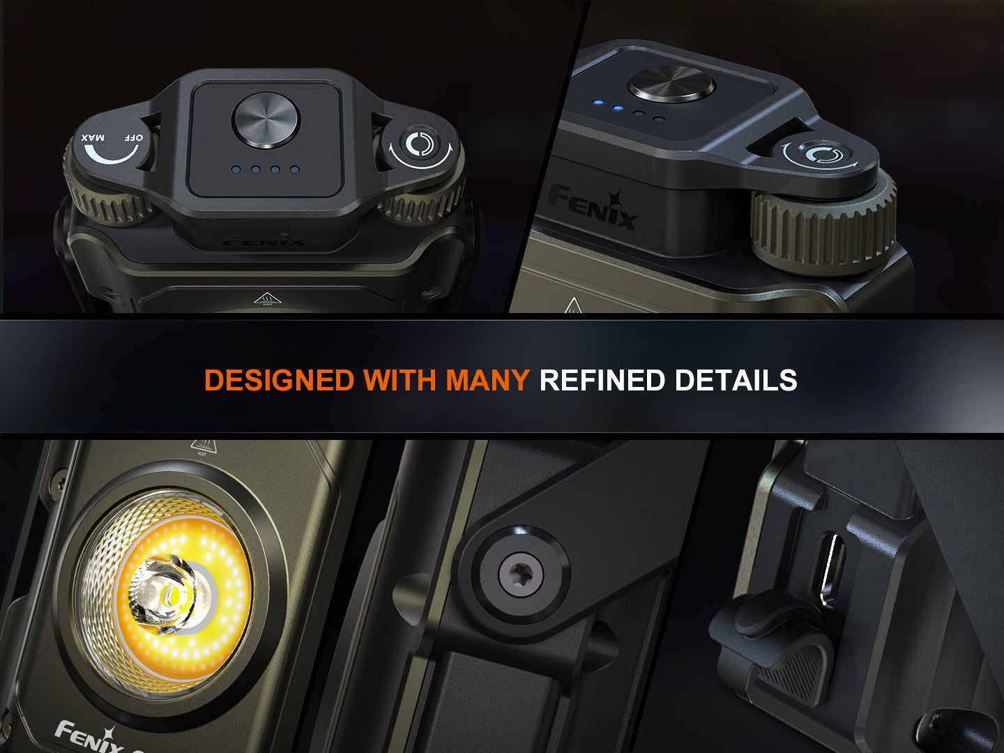 Close-up of a flashlight with detailed design elements on a dark background