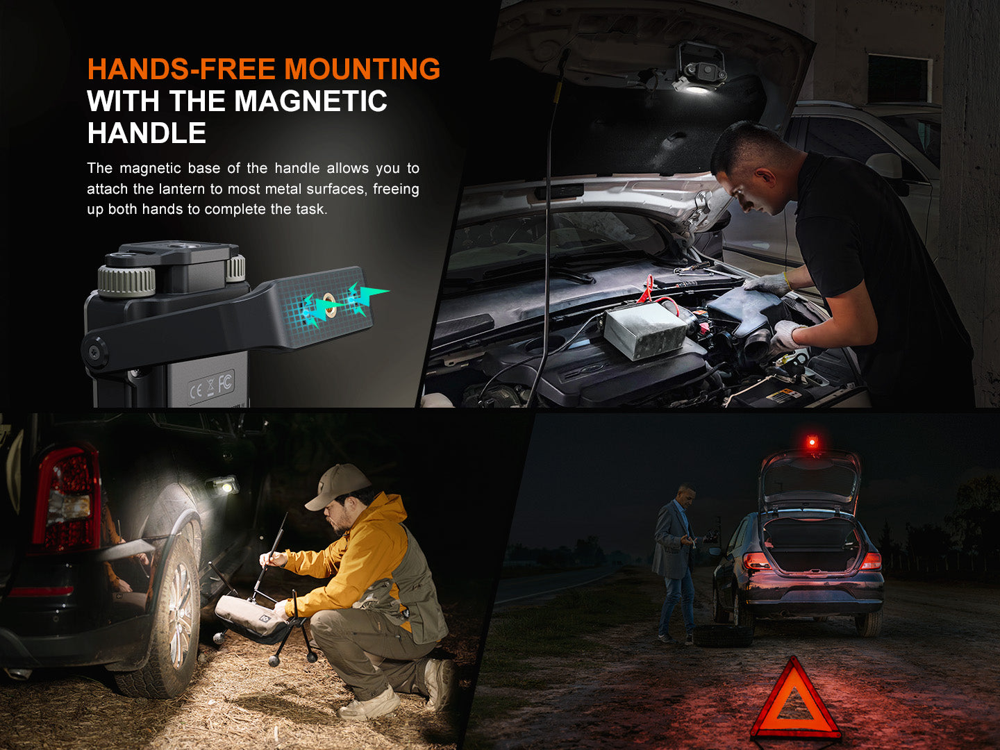 Product advertisement for a magnetic handle for hands-free vehicle maintenance.