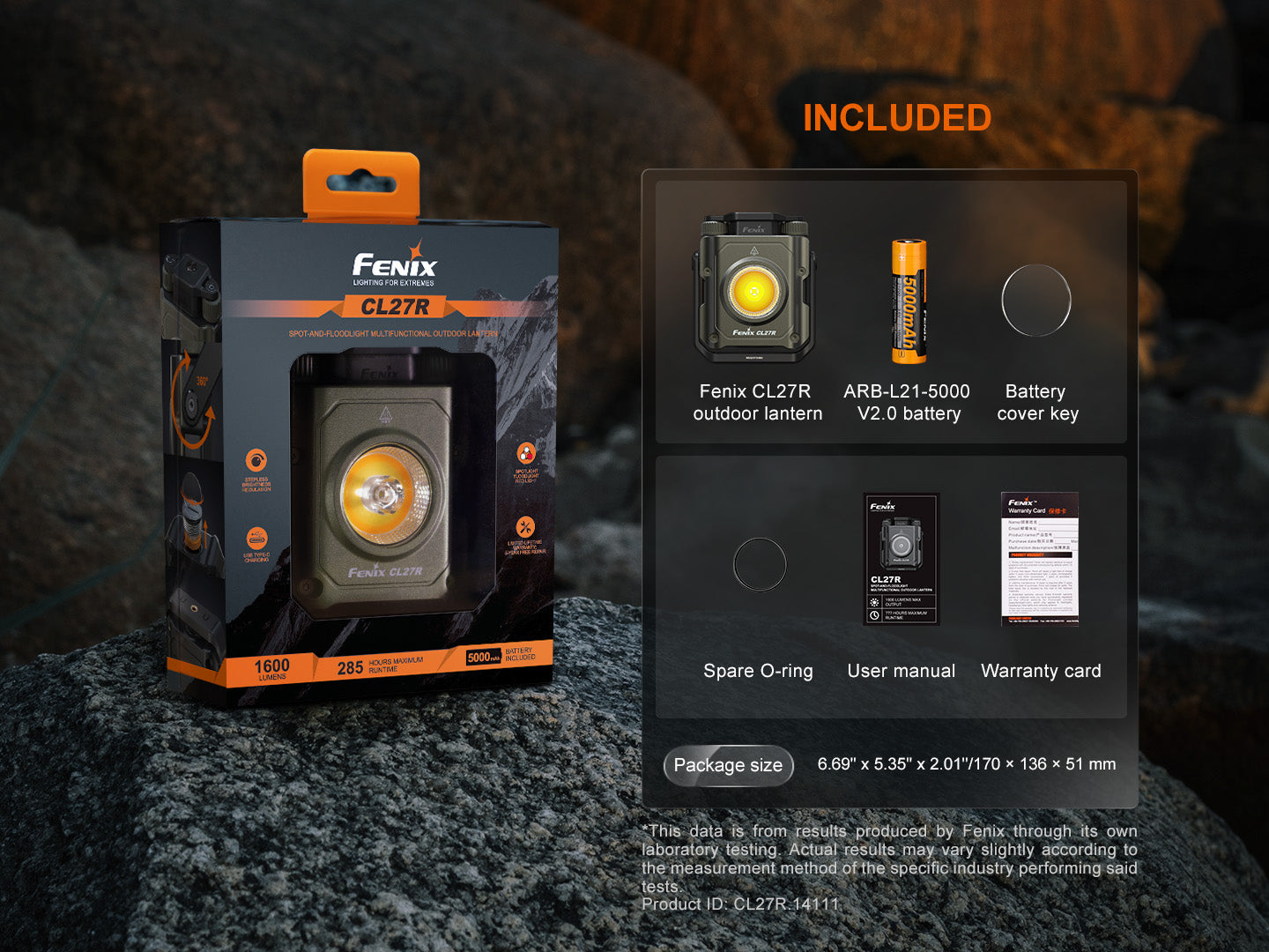 Fenix CL27R outdoor lantern packaging with included items displayed.