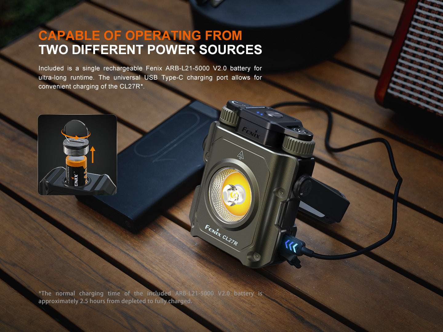 Fenix CL27R flashlight with power source information on a wooden surface