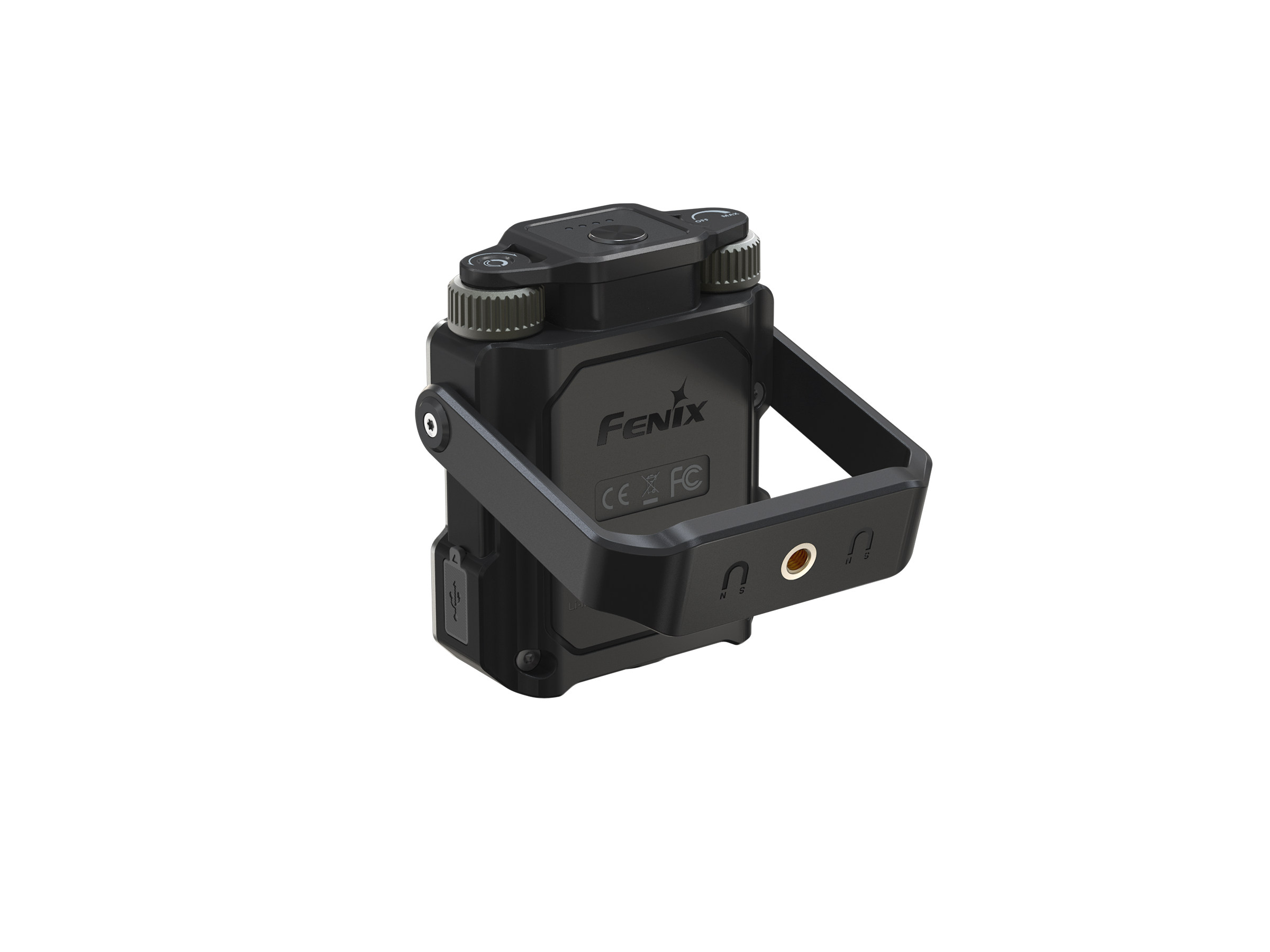 Black Fenix flashlight on a white background