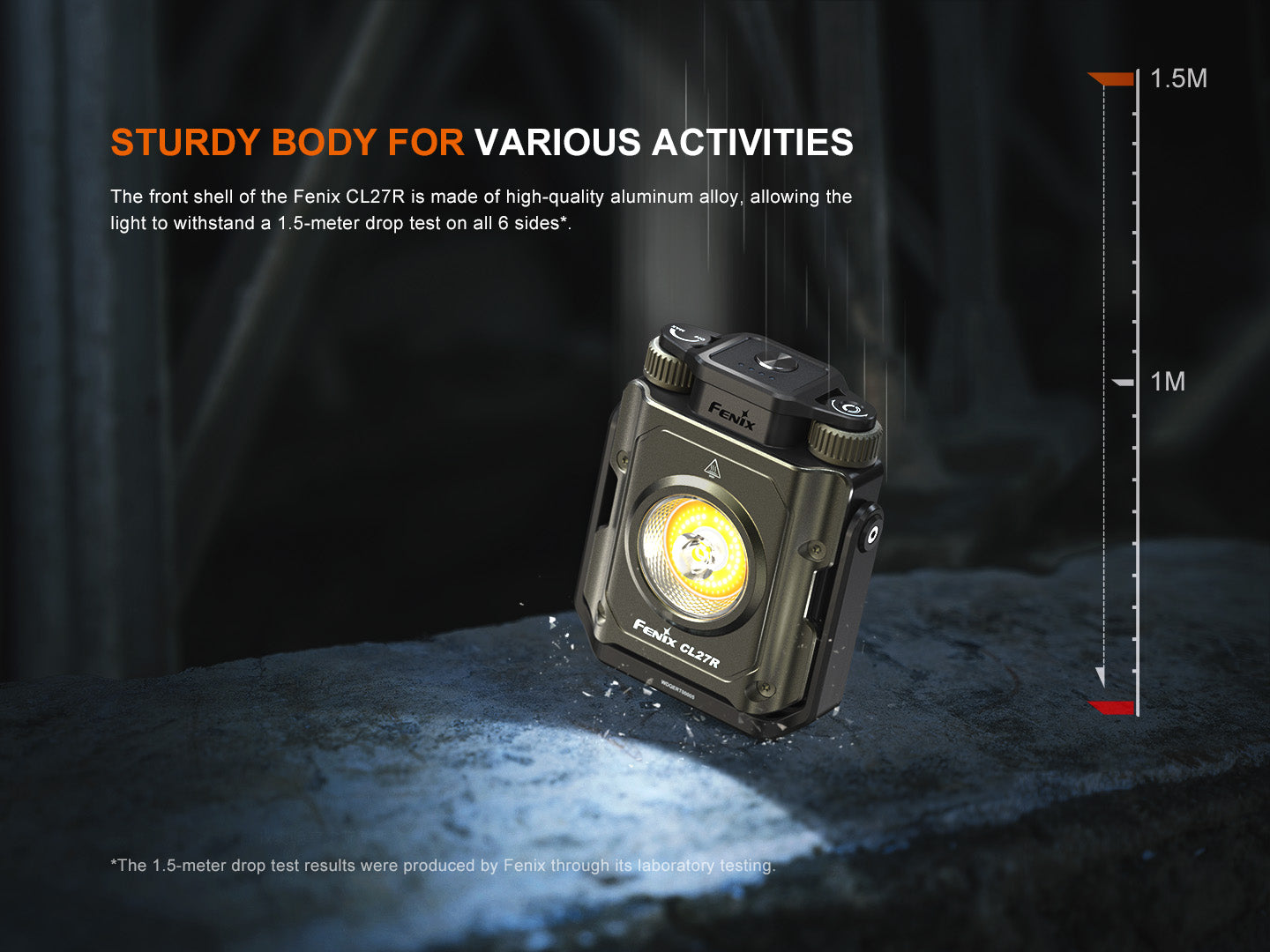 Fenix CL27R flashlight with durability features highlighted on a dark background