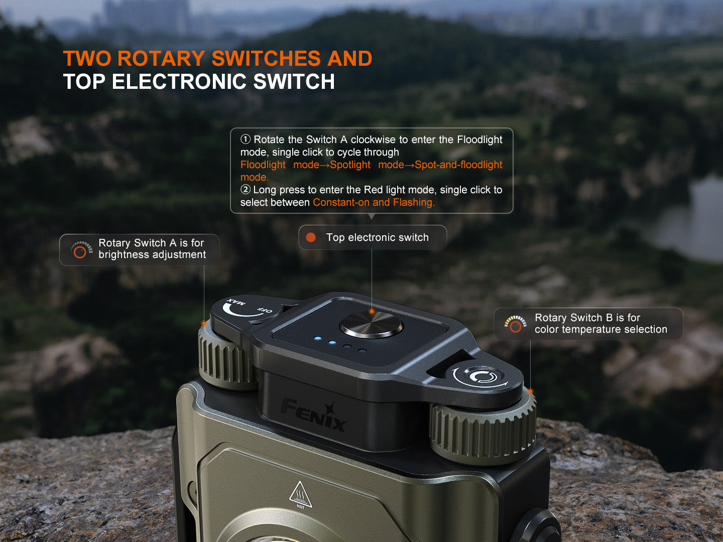 Fenix flashlight with rotary switches and top electronic switch on a blurred natural background