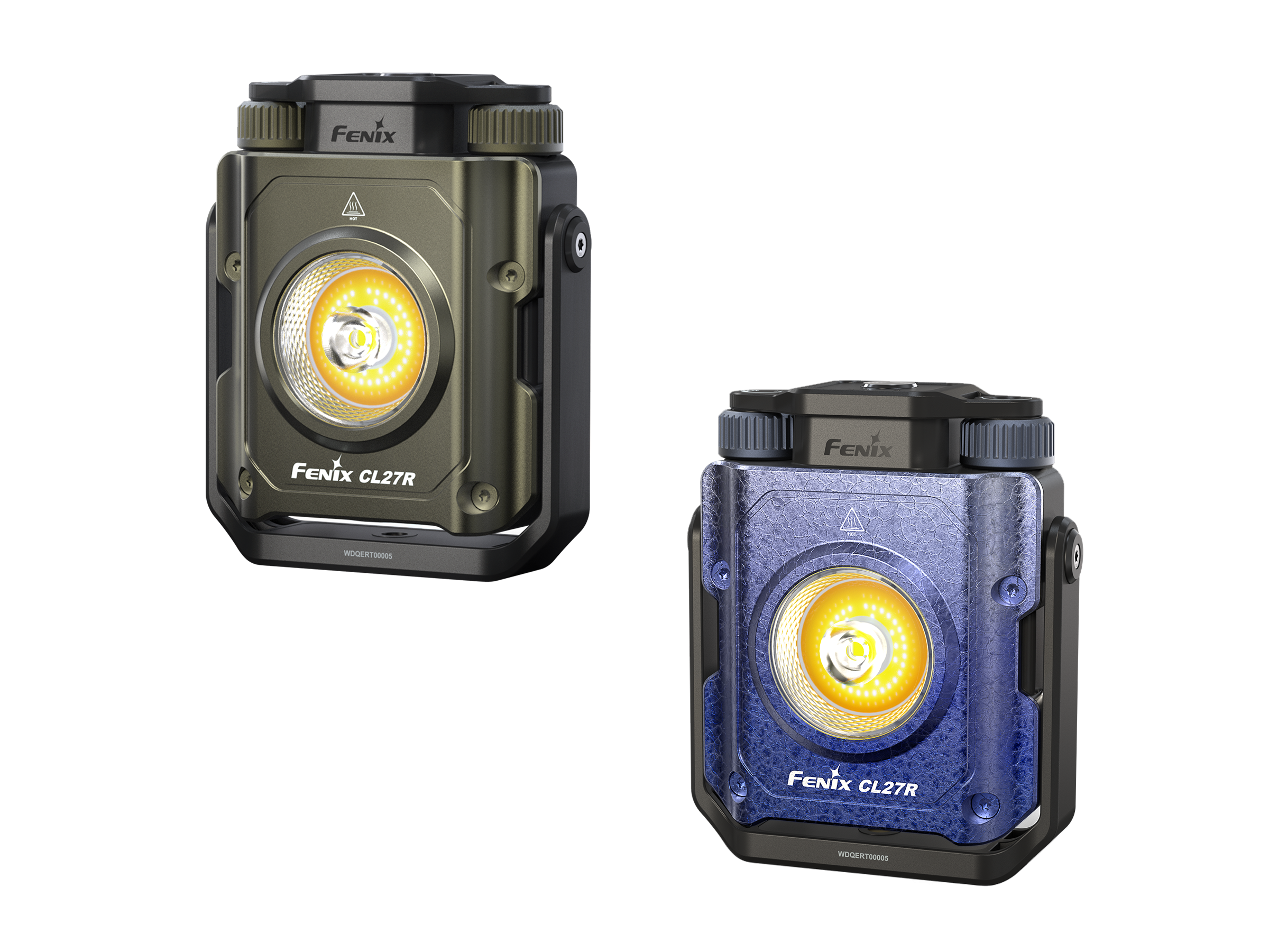 Two Fenix CL27R flashlights, one black and one blue, on a white background.