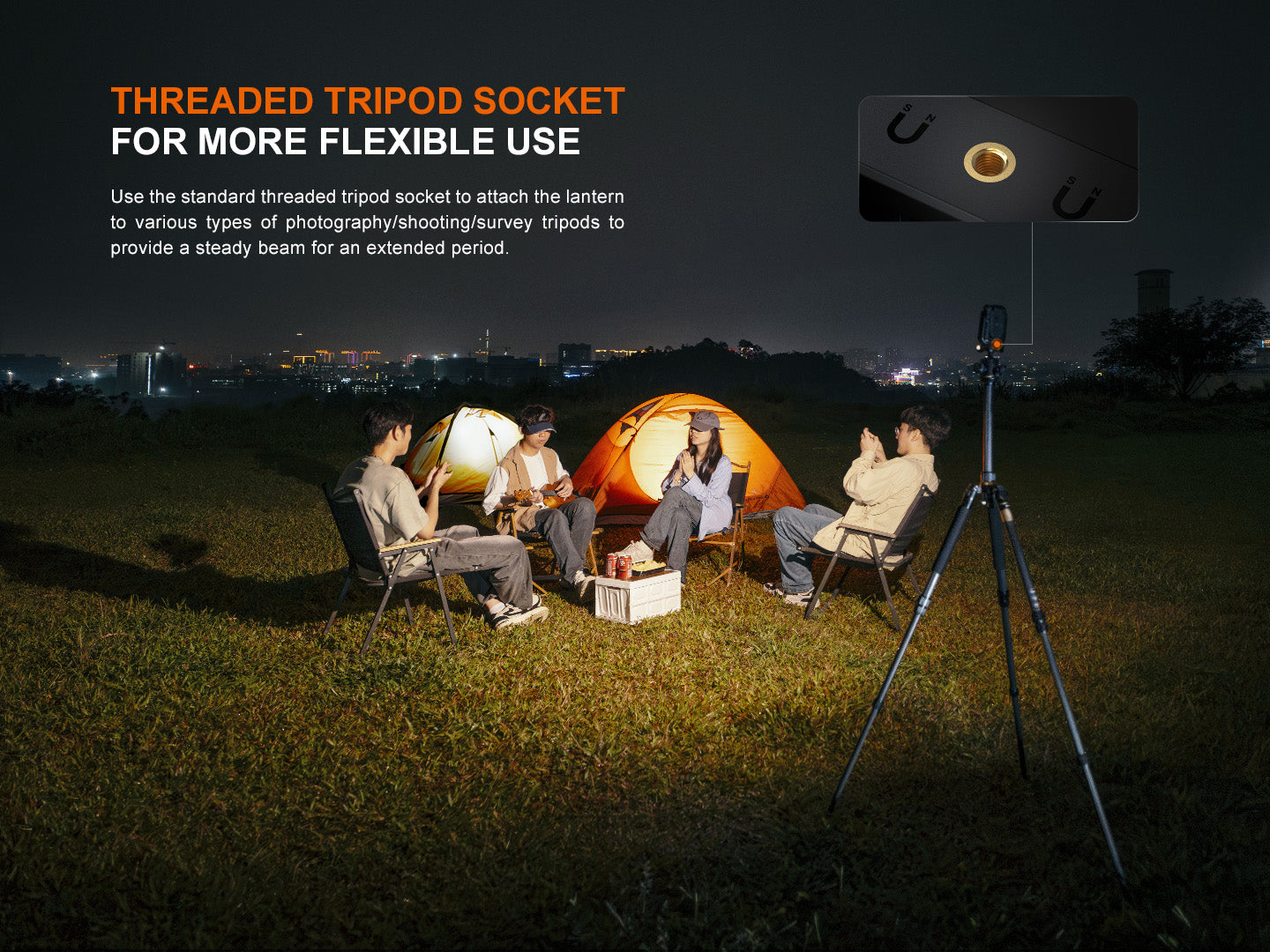 Camping scene with people around a lantern, tripod, and camera on a dark night.