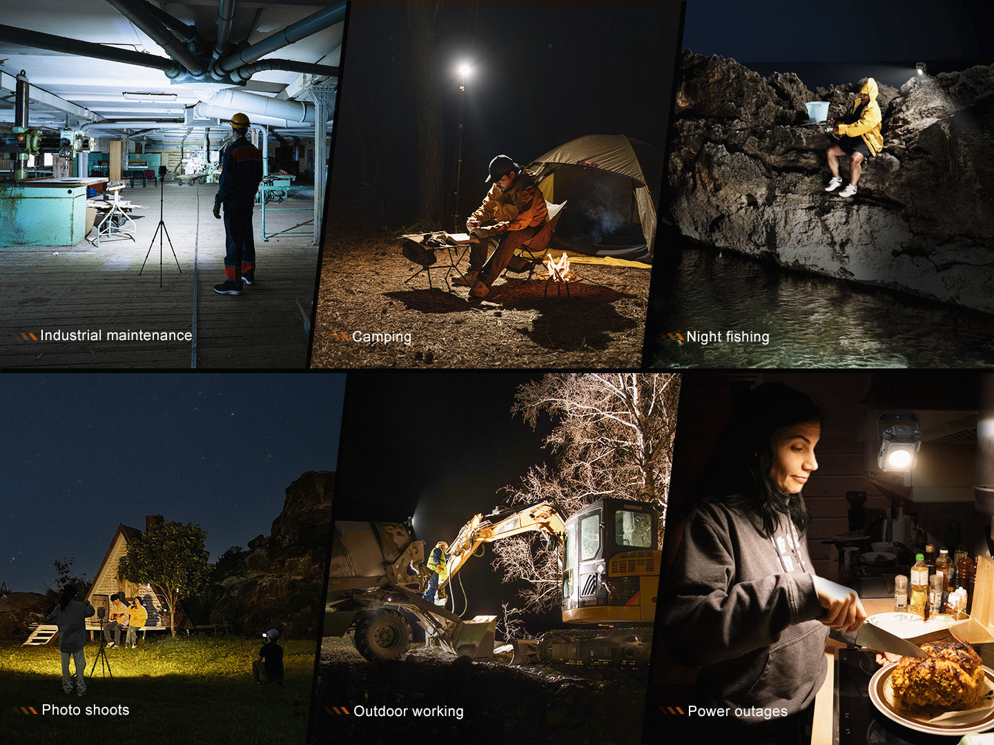 Collage of various scenes including industrial maintenance, camping, night fishing, photo shoots, outdoor working, and power outages.