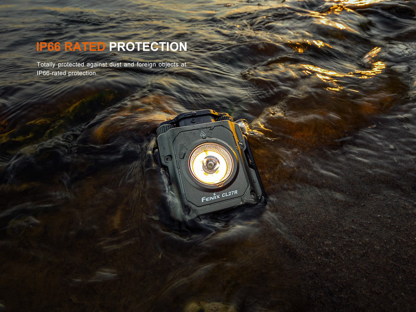 Flashlight submerged in water with 'IP66 Rated Protection' text above.