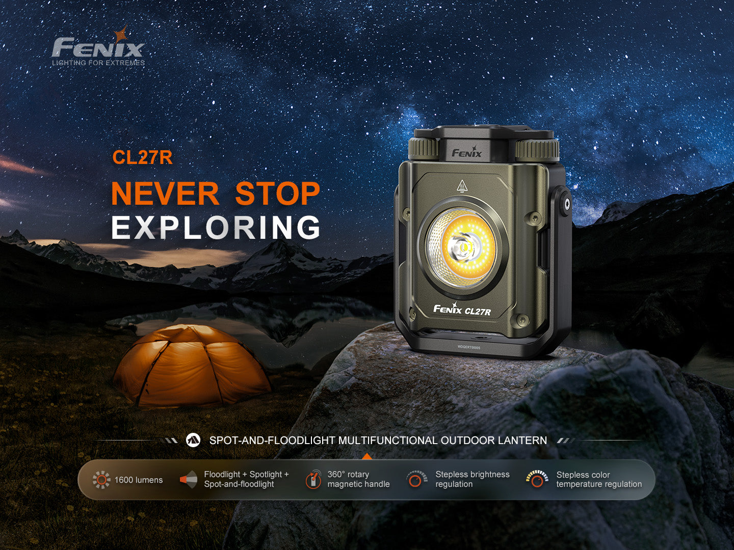 Fenix CL27R outdoor lantern with camping scene and starry sky