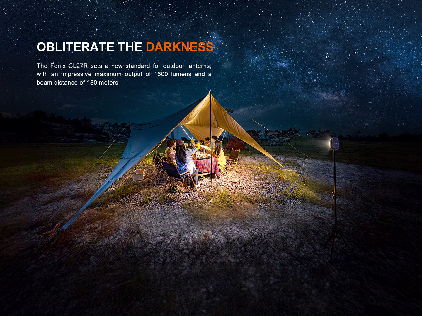 Outdoor setting with a tent illuminated by a lantern against a starry night sky.