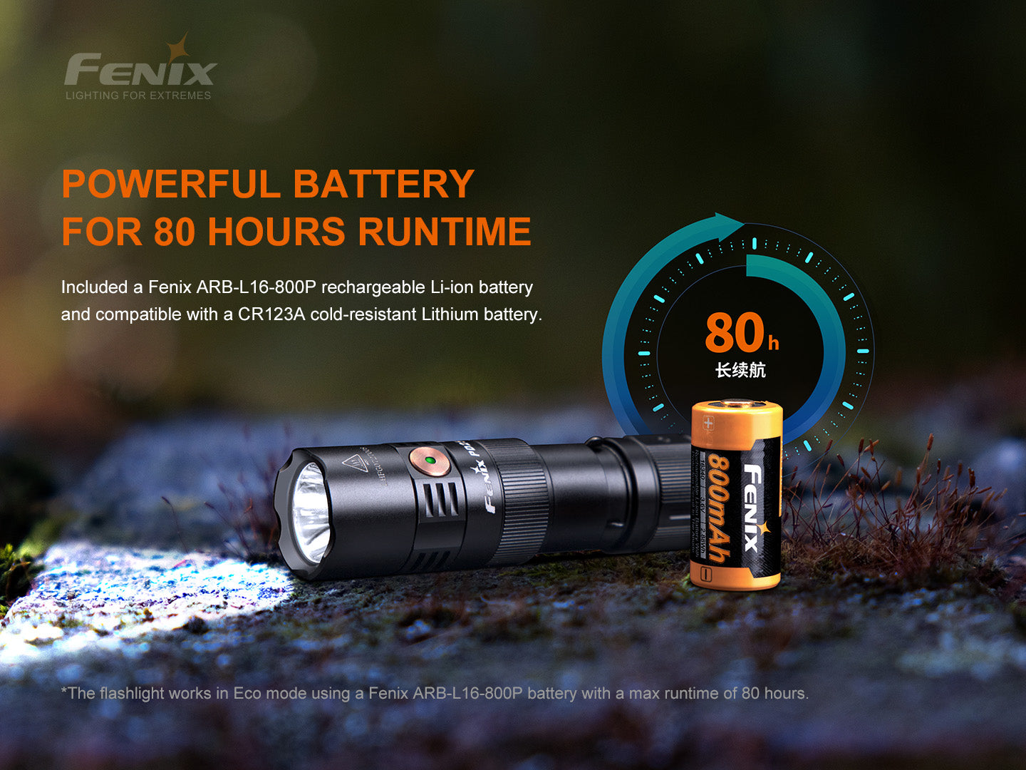 Fenix flashlight and battery with text on a dark background
