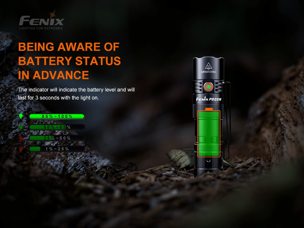 Fenix flashlight with battery status indicator on a dark background