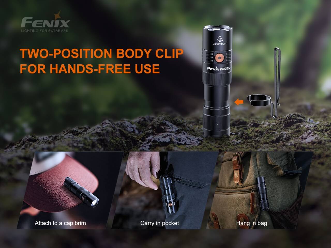 Fenix flashlight with two-position body clip on a natural background