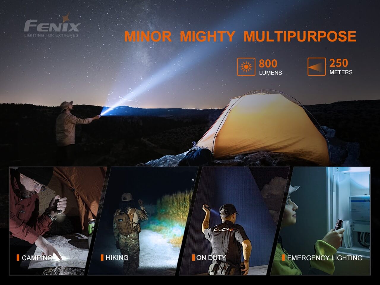 Fenix flashlight advertisement with camping, hiking, and emergency lighting scenarios.